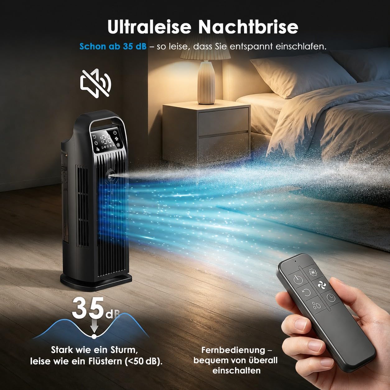 Mobile Klimaanlage ohne Abluftschlauch 6-in-1, Luftkühler mit Wasserkühlung & 1200ml Tank, 7m/s Turbo, 120° Oszillation, 1-12H Timer, 36W Leises Mini Klimagerät für Schlafzimmer & Büro, Schwarz Matt