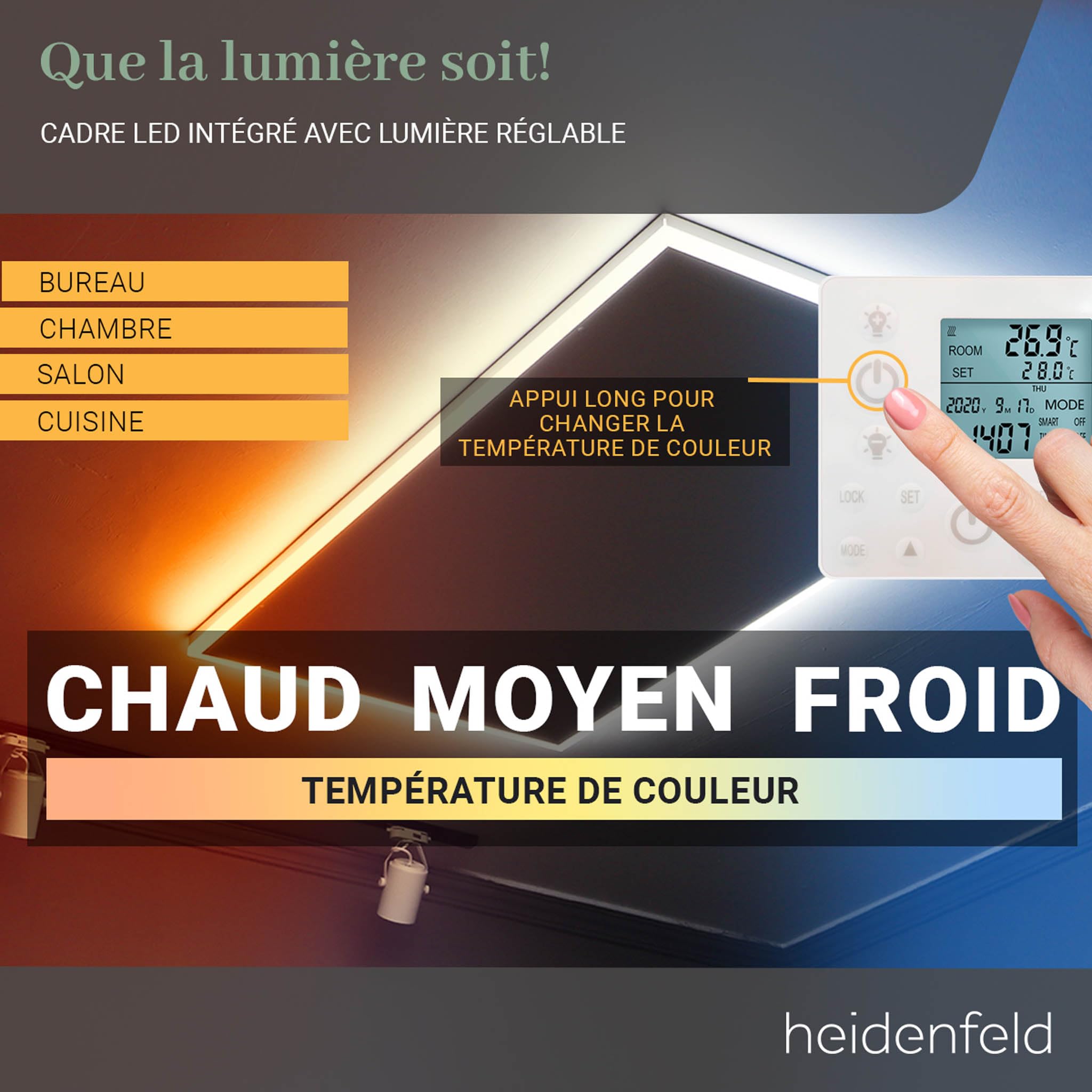 Heidenfeld chauffage infrarouge HF-HP500 avec éclairage | Cadre LED - panneau infrarouge plafond avec thermostat - marque allemande - télécommande (390 W réglable)