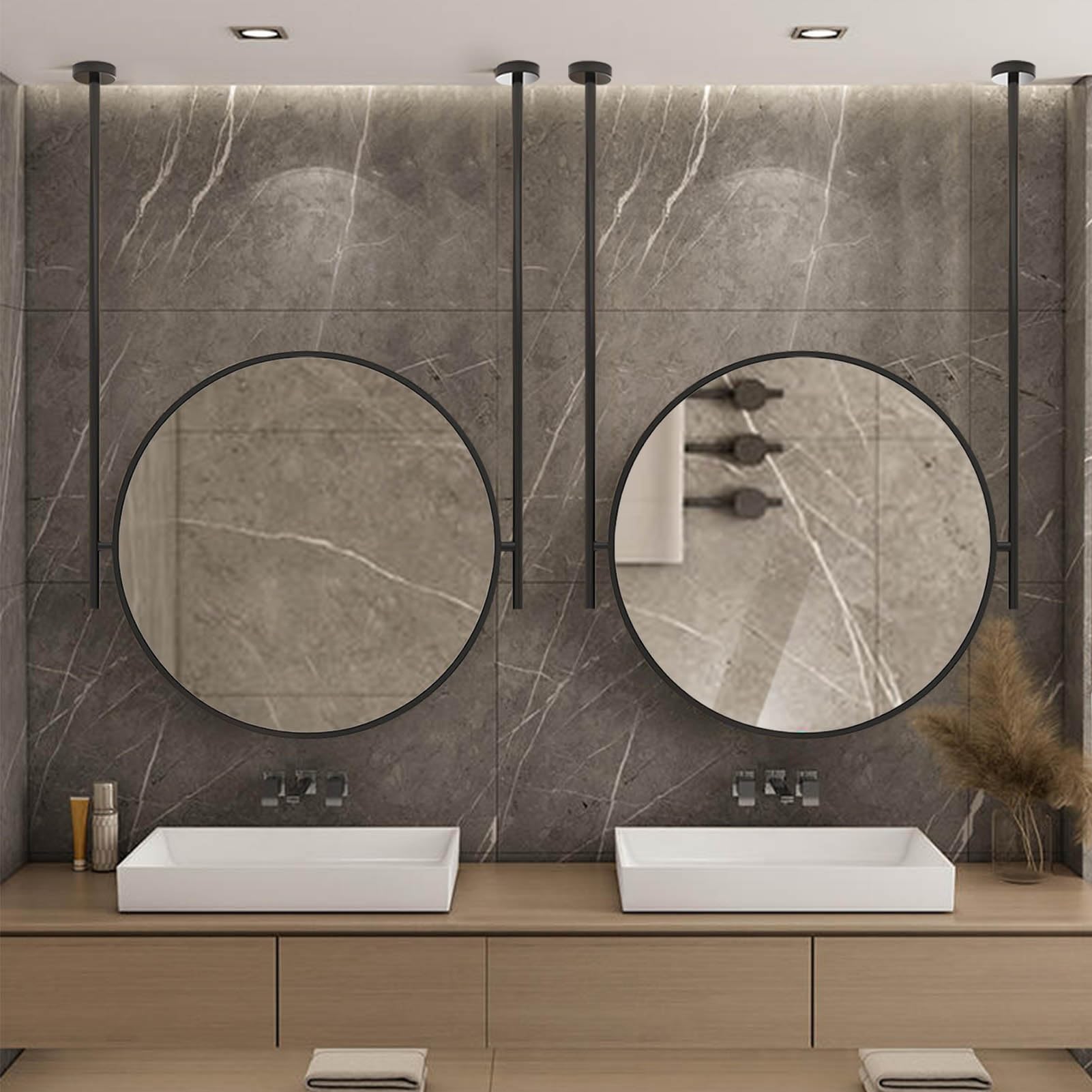 SXFSDOU Nordic Floating Vanity Makeup Mirror, Ceiling Mounted Black Hanging Rod Mirror Bathroom Entry Bedroom Cloakroom Circle Mirrors for Wall(Diameter-60CM/23.6INCH)