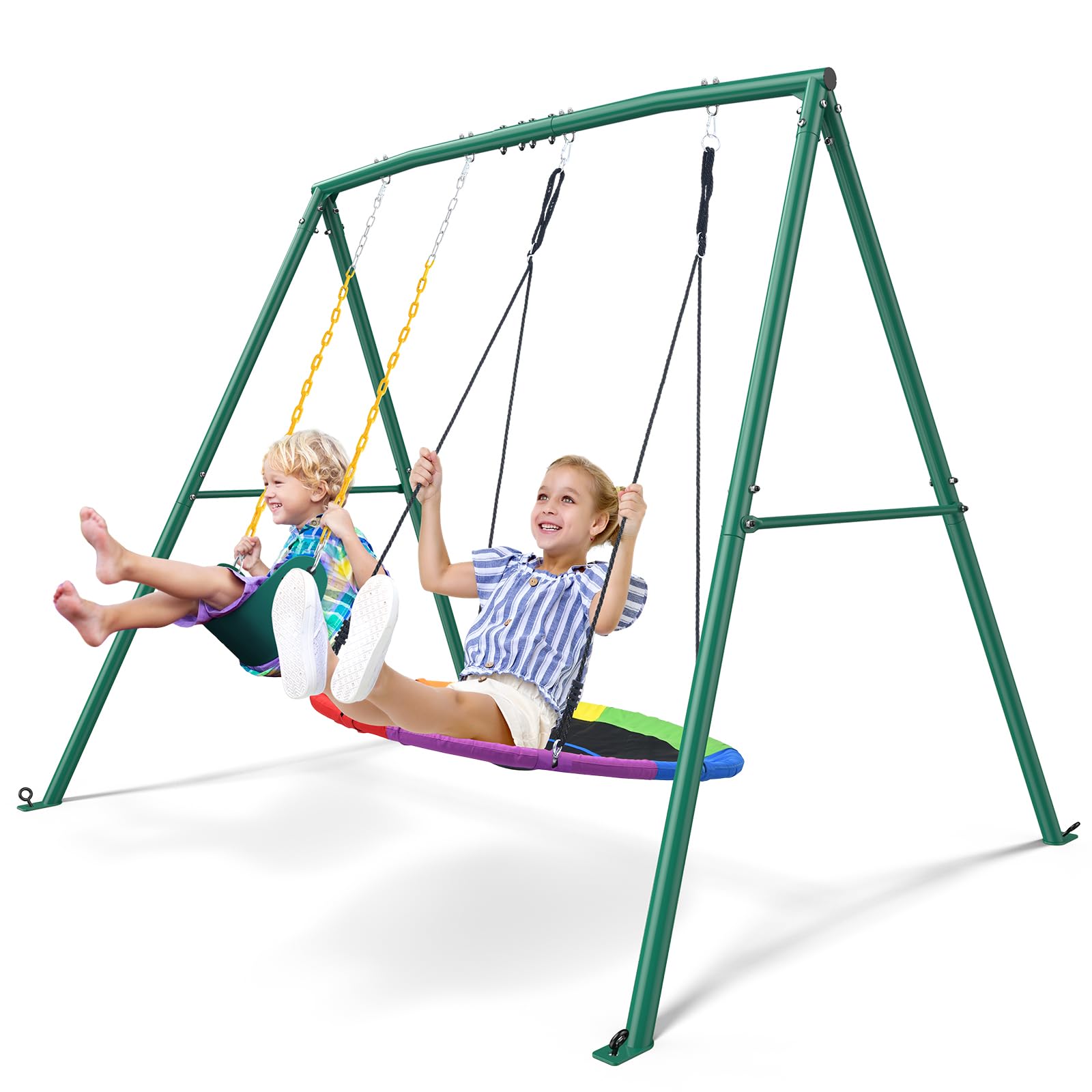 Trekassy 440lbs Capacity Swing Sets for Backyard - 2 Seat Outdoor Playset with Saucer & Belt Swing, Heavy-Duty A-Frame Metal Stand for Kids Family Fun