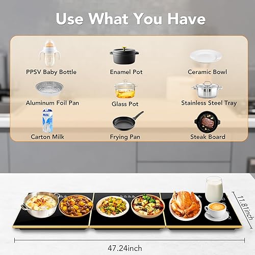 Miniatura 6 de Bandeja de calentamiento eléctrica, extra larga de 47.24 x 11.81 pulgadas, superficie de vidrio 3 en 1 para alimentos, con 7 ajustes de temperatura