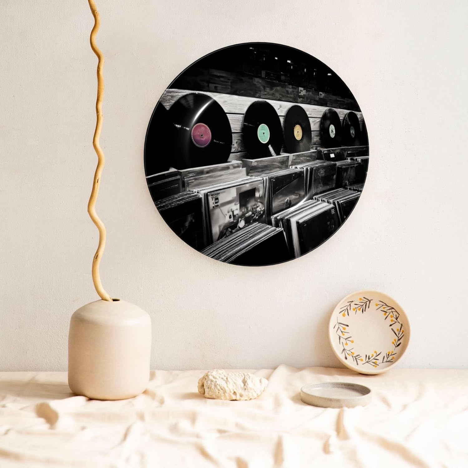 Decorative Plate 10in Bone China Dessert Plates with Display Stand Ceramic Ornament Ceramic Vinyl Records Decorative Plates Art Crafts Porcelain Plate for Home Club Living Room