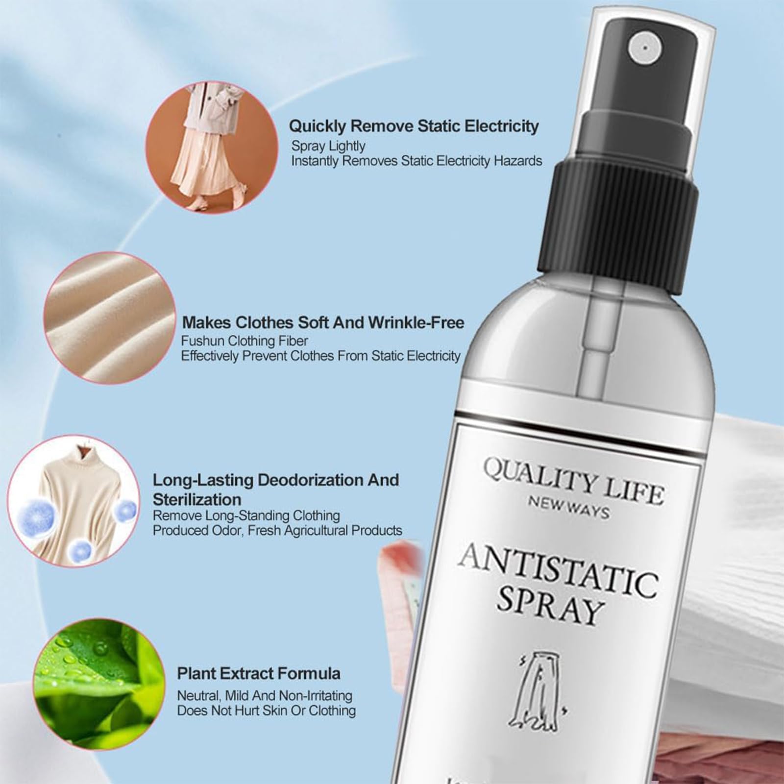 Spray Antistatico,Anti Static Spray,Antistatico per Tessuti,per Vestiti e Auto,Vestiti,Tessuti E Automobili,Effetto Anti Statico Rapido,100ml