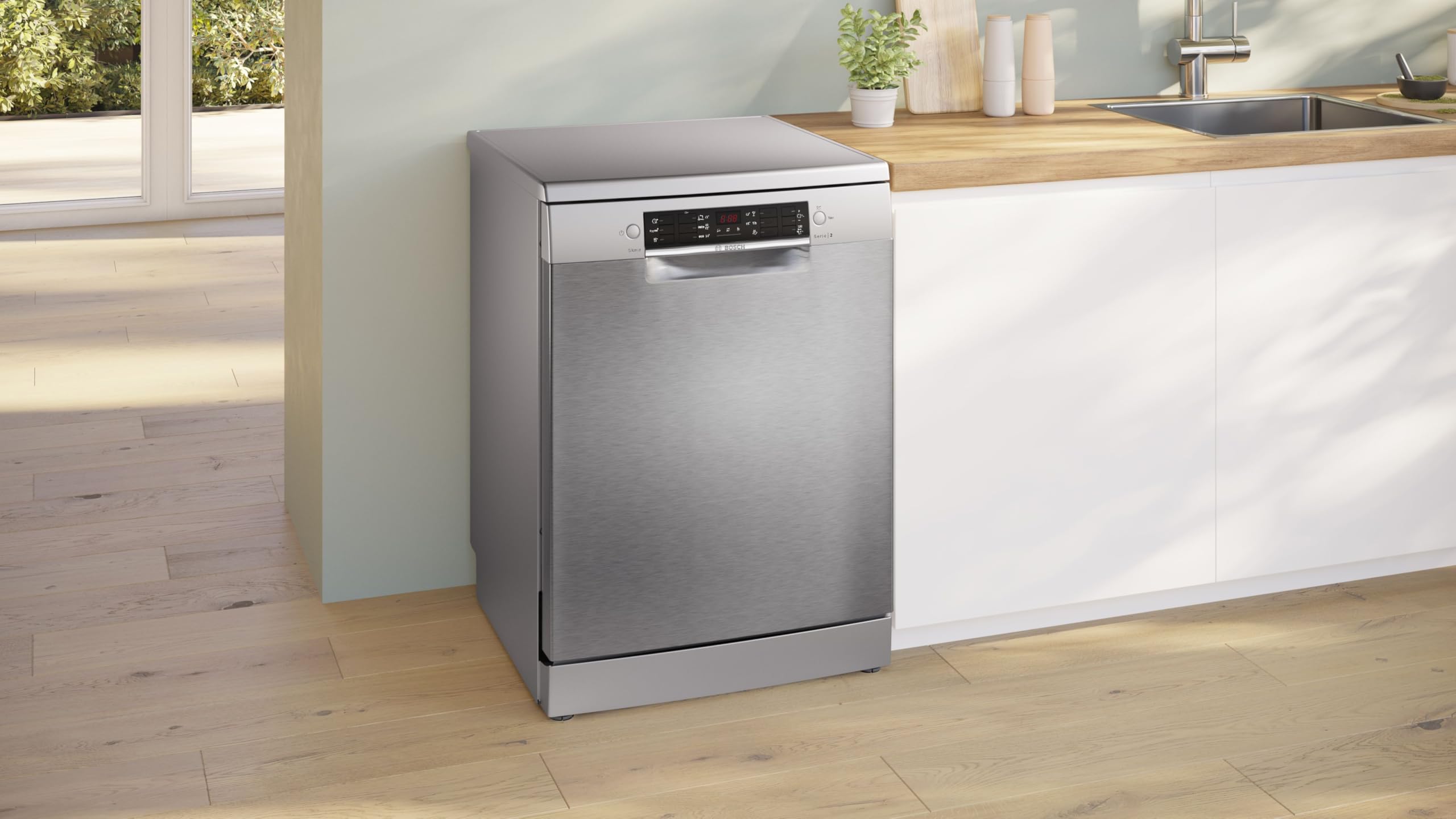 Bosch SMS26AI01F Série 2 - Lave-vaisselle, pose-libre, Option Séchage Extra | 60 cm, Inox, Moteur induction, Panier supérieur réglable sur 3 hauteurs, Programme Verre 40 °C, Display, AquaStop