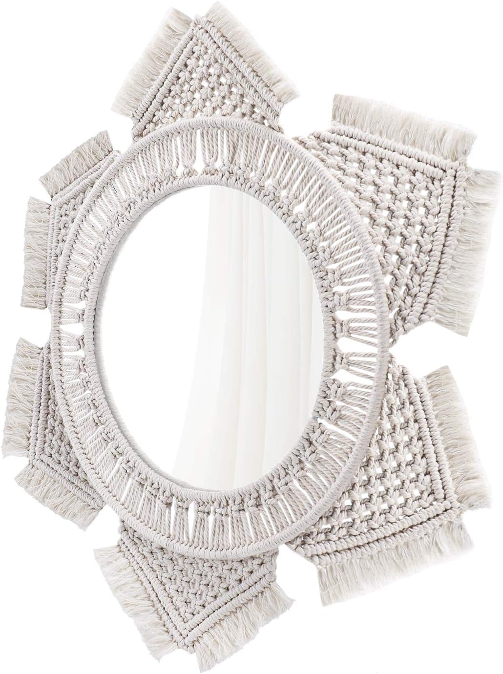 Flexzion Hanging Wall Mirror with Sun Moon Macrame Fringe Round Mirror Sunburst Art Boho Rustic Decor for Wall Mounted Living Room Bedroom Kitchen Baby Nursery Feng Shui Makeup (Cream White) - Image 2