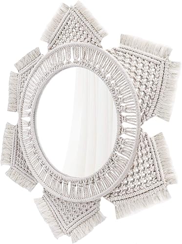 Miniatura 2 de Flexzion Espejo de pared colgante con flecos de macramé de sol y luna, espejo redondo con flecos de sol, arte bohemio rústico para montar en la