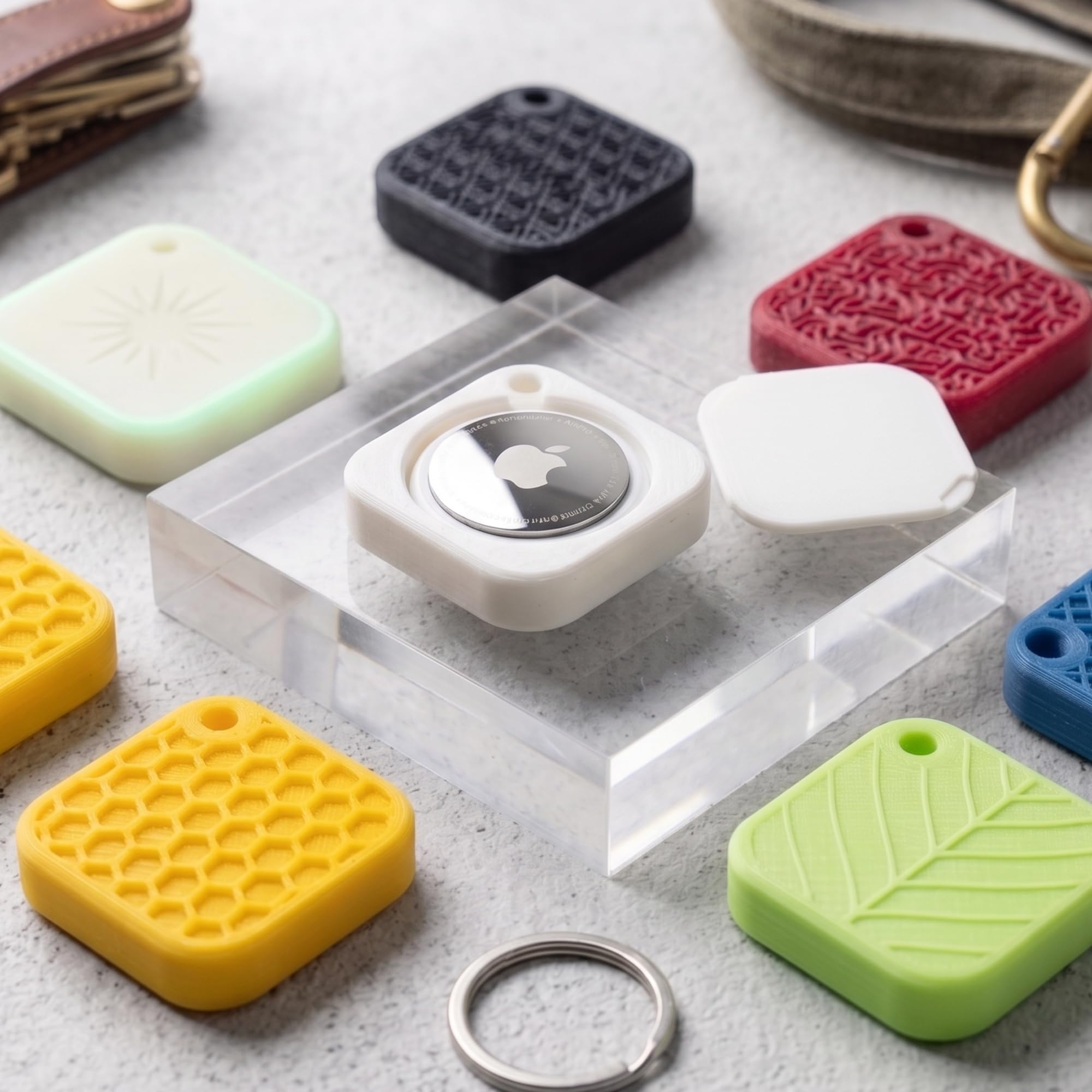 Textured Square Keychain Case for AirTag | Unique Protective Cover & Holder with Key Ring | Tracker Mount for Keys, Luggage, Backpacks and Pets | Random Pattern Design | 7 Colors (2, White)-image-10