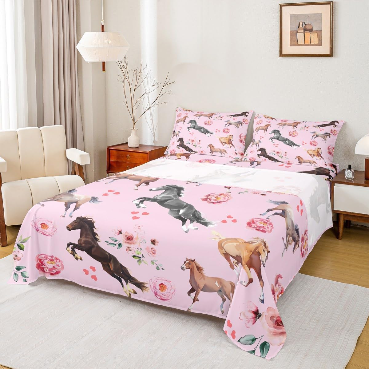 Horse Sheet Set for Girls,Kawaii Farmhouse Horse Print Bed Sheets Queen for Cowboy Cowgirl,Rustic Wild Animal Bedding Set,Watercolor Rose Flowers Leaves Fitted Sheet + Flat Sheet + 2 Pillowcases