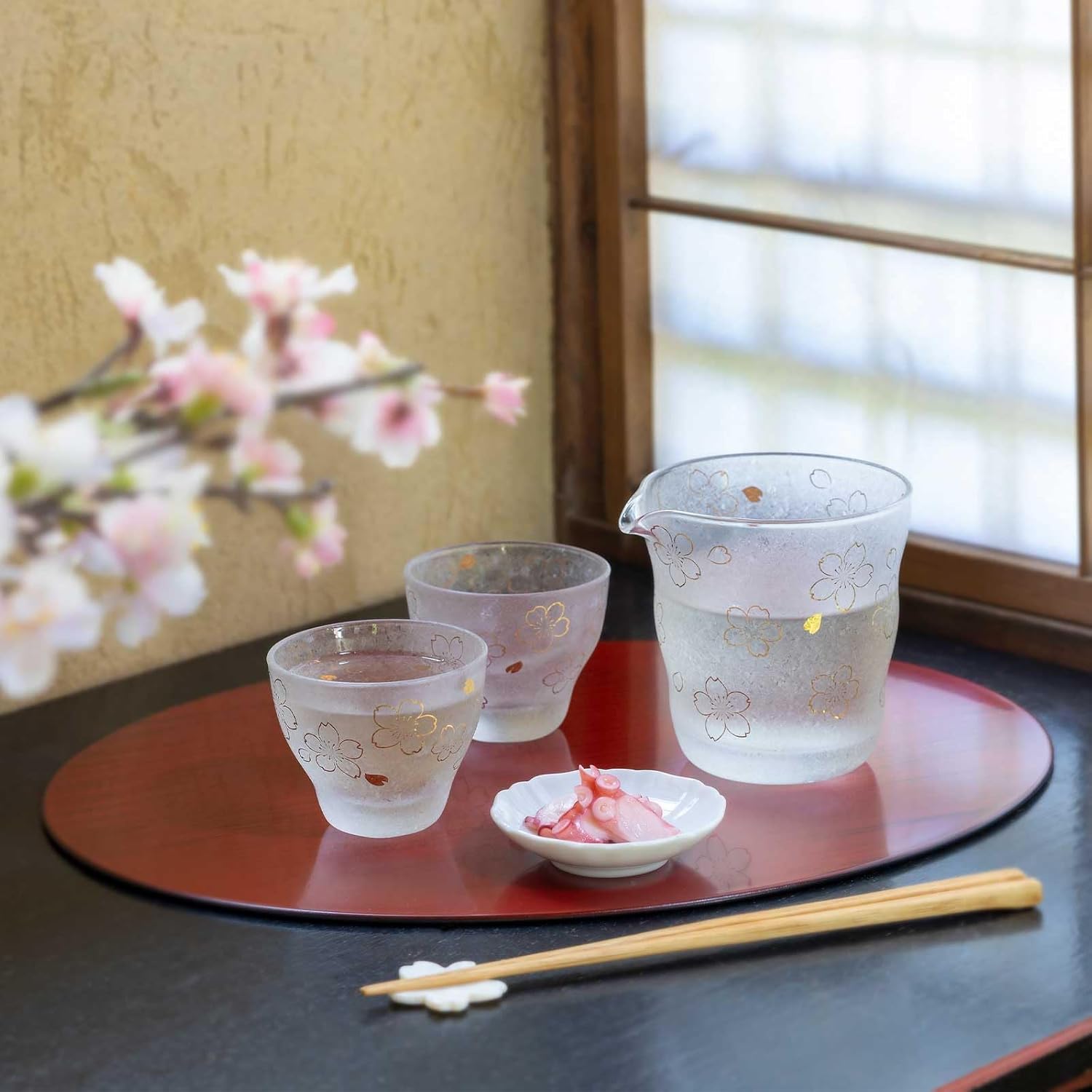 Aderia S6360 Premium Nippon Taste Cherry Blossom Sake Bottle Gift Set, Made in Japan, Comes in a Cosmetic Box, Glass, Present, Gift, Spring, Japanese Style, Stylish, Cute, Japanese Pattern, Floral