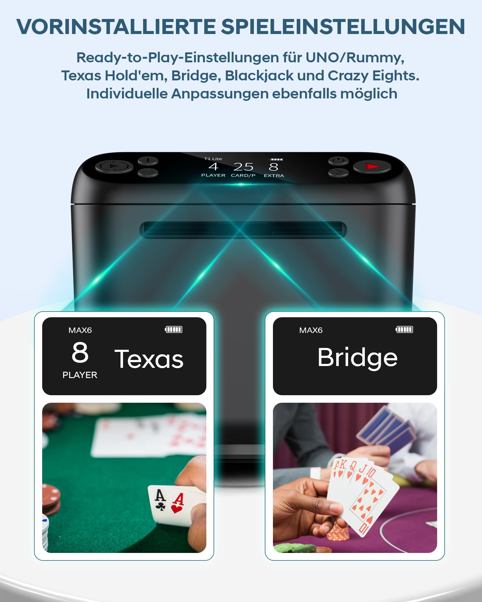 Automatischer Karten Austeiler, 180°/360° Drehung für 1–3 Decks, Karten Verteiler, 2–12 Spieler mit 4 Fernbedienungen, Eingebaute Spielmodi, Wiederaufladbar, Leise für Poker, Blackjack, Texas Holdem