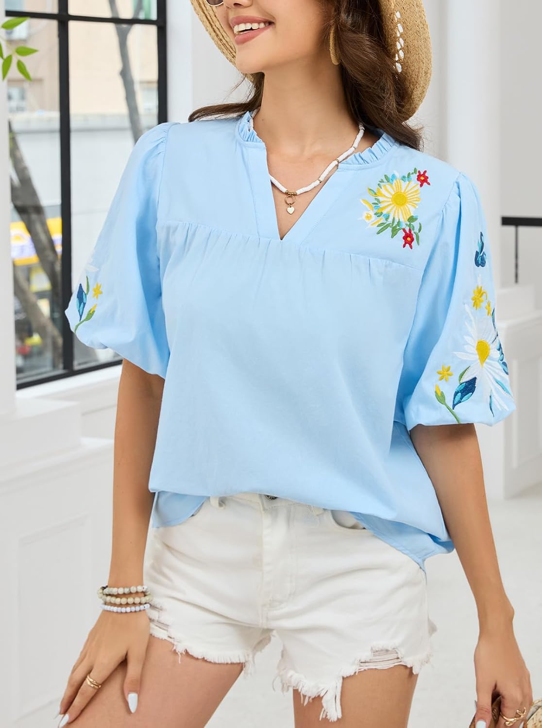 Women's Boho Floral Embroidered Blouse Casual V-Neck Puff Short Sleeve Loose Tunic Top for Summer Shirt Trendy 2026 - Image 2