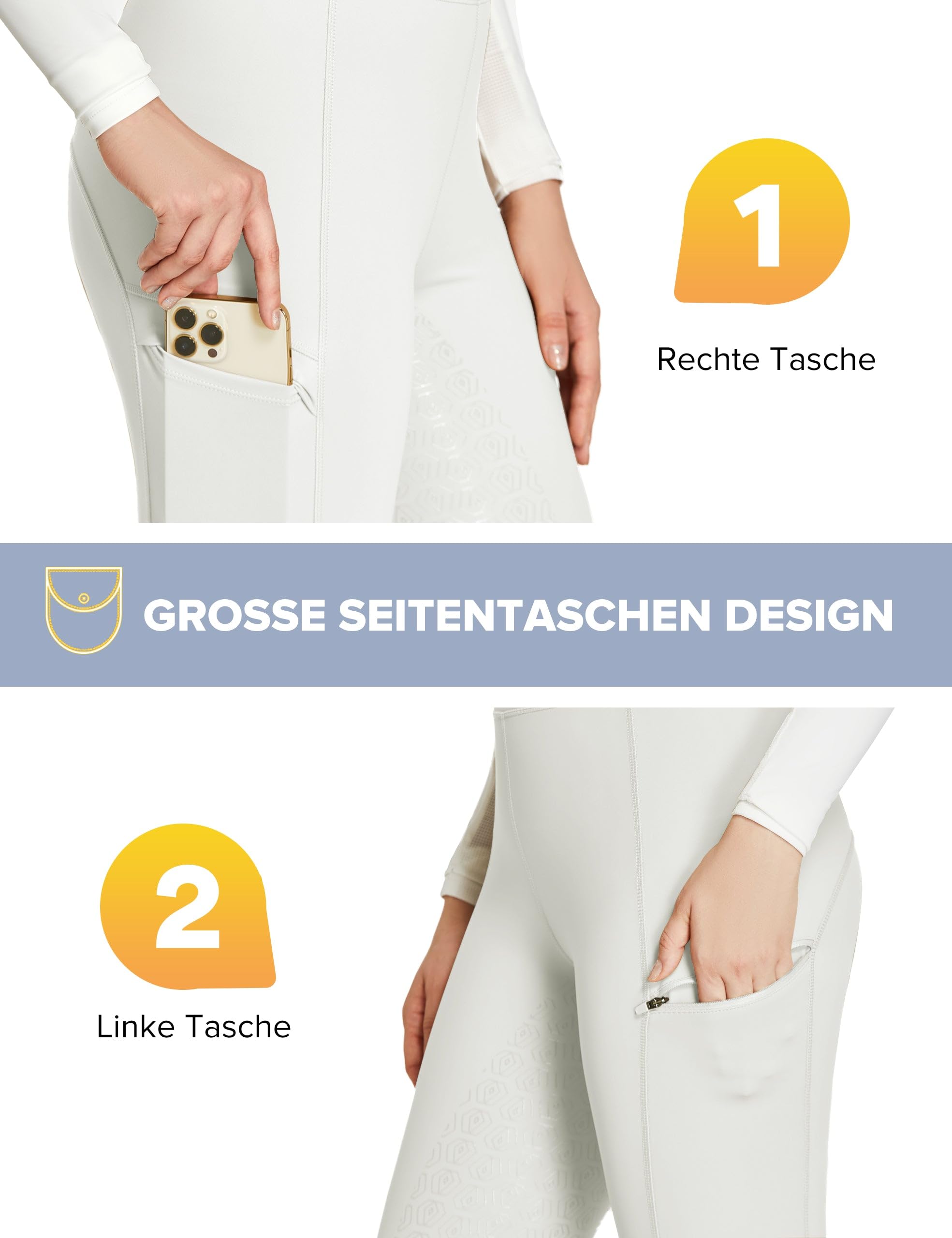 FitsT4 Sports Leggings de equitación para mujer, de silicona, con funda para teléfono móvil y trabillas para cinturón, para equitación