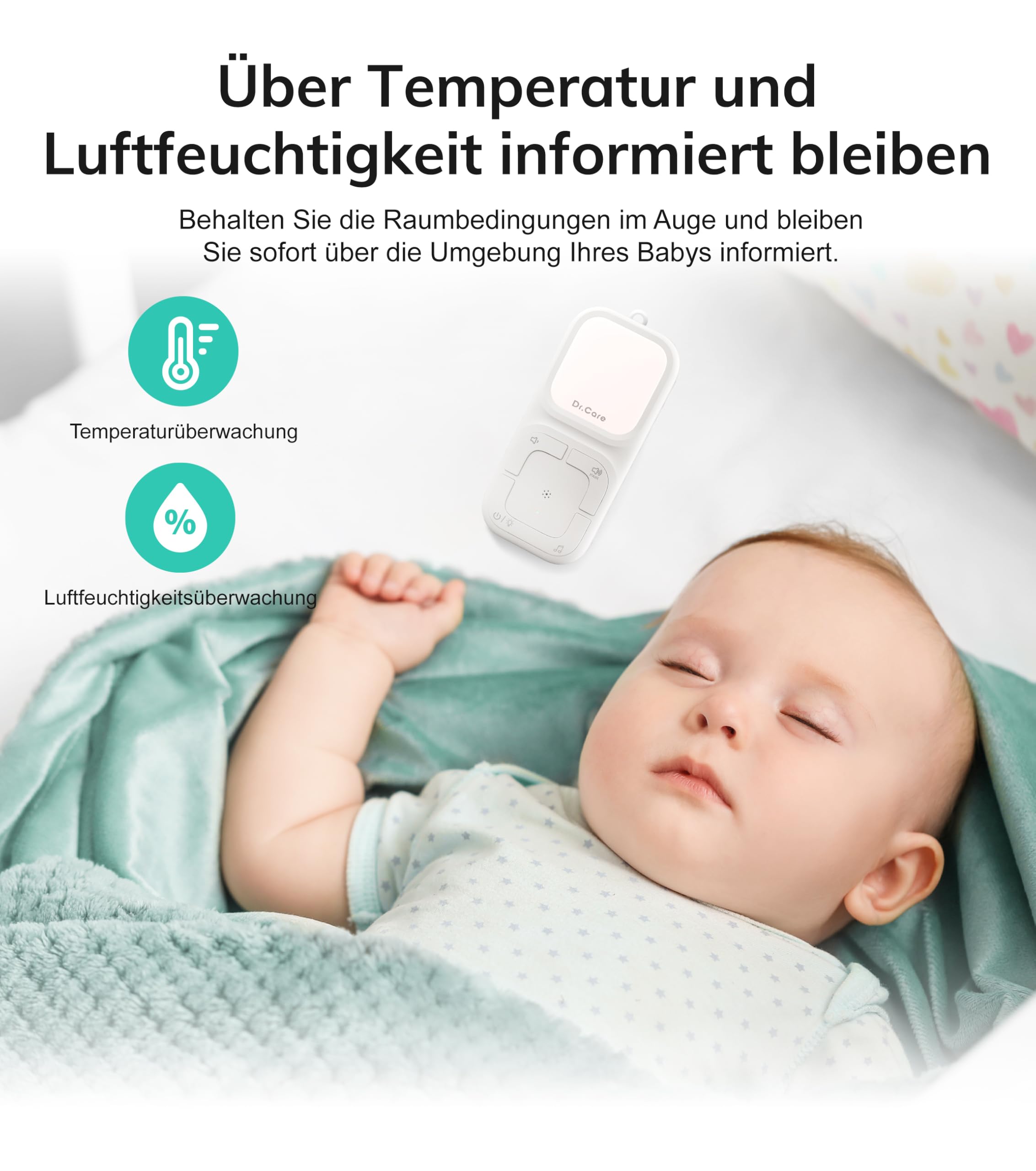 Dr.Care NeoGo Audio Baby Monitor – Vorgepaart, Gegensprechfunktion, VOX, Nachtlicht, Schlaflieder, Vibrationsalarm, 300 m Reichweite, Akku, Clip & Trageschlaufe, Kein WLAN
