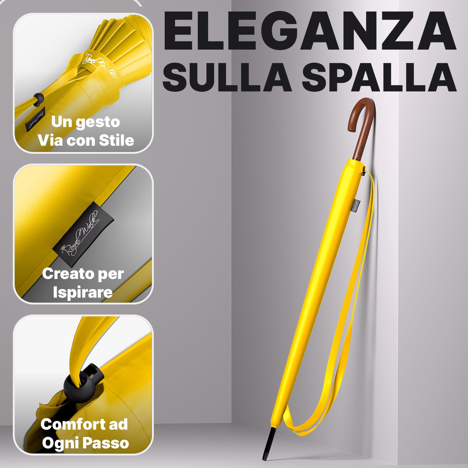 Royal Walk Ombrello Pioggia Antivento Grande 54 Pollici Ombrello Portatile Automatico Aperto Per 2 Persone Uomo Di Legno Leggero Resistente 16 Costole Golf Da Viaggio Impermeabile Robusto 120cm Giallo