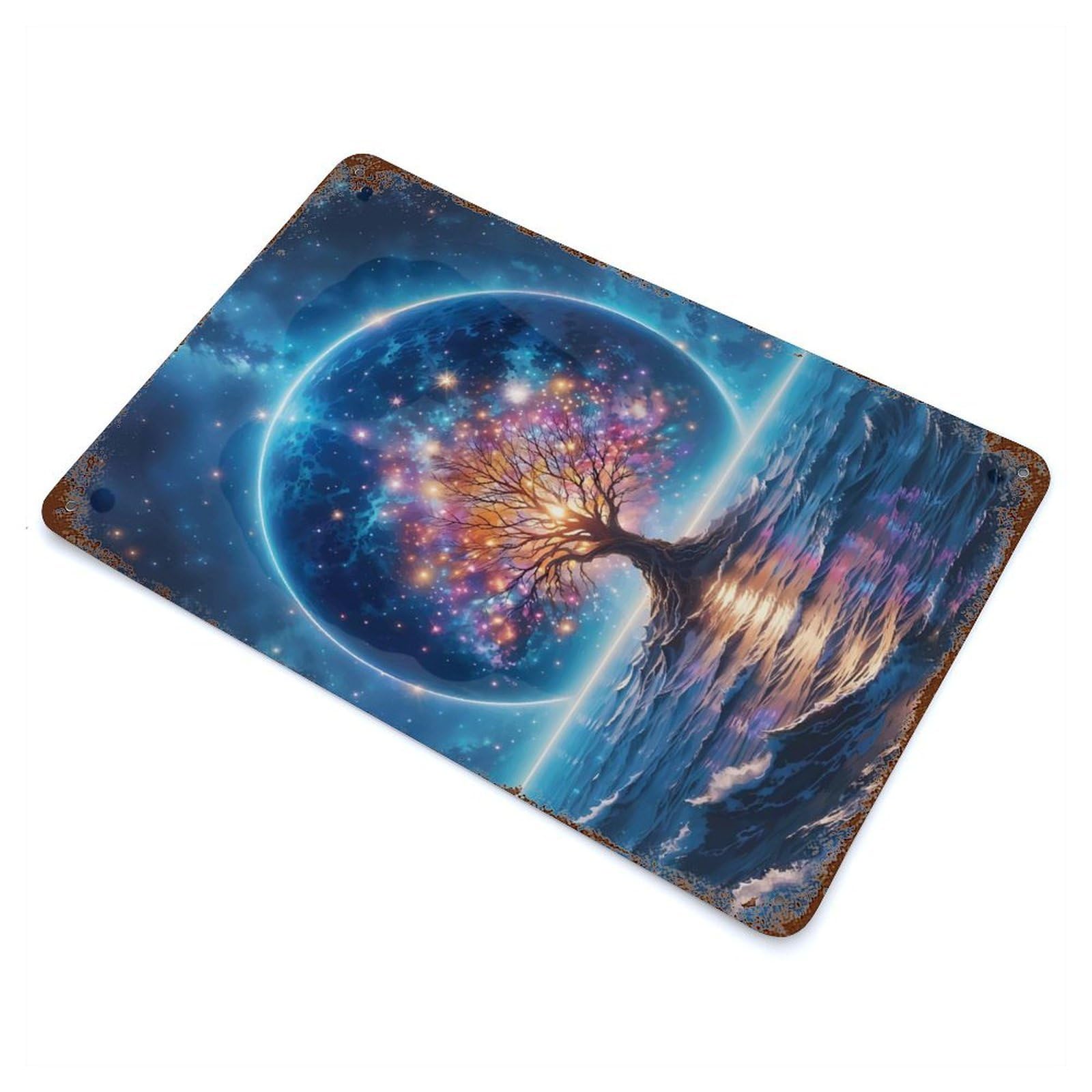 Space Fantasy Landscape Aged Metal Wall Plaque 11.8"x7.9", Industrial Home Decor for Pub, Kitchen And Man Cave Decor