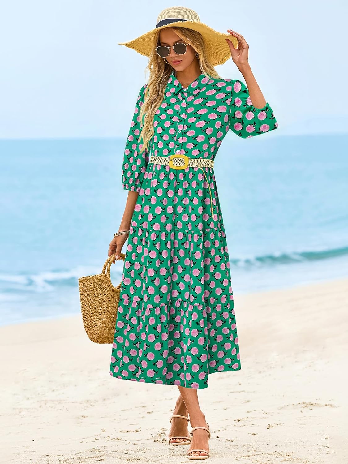 Wenrine Womens Casual 3/4 Sleeve Shirt Dress Button Down V Neck Tiered Collared Flowy Maxi Dress - Image 5