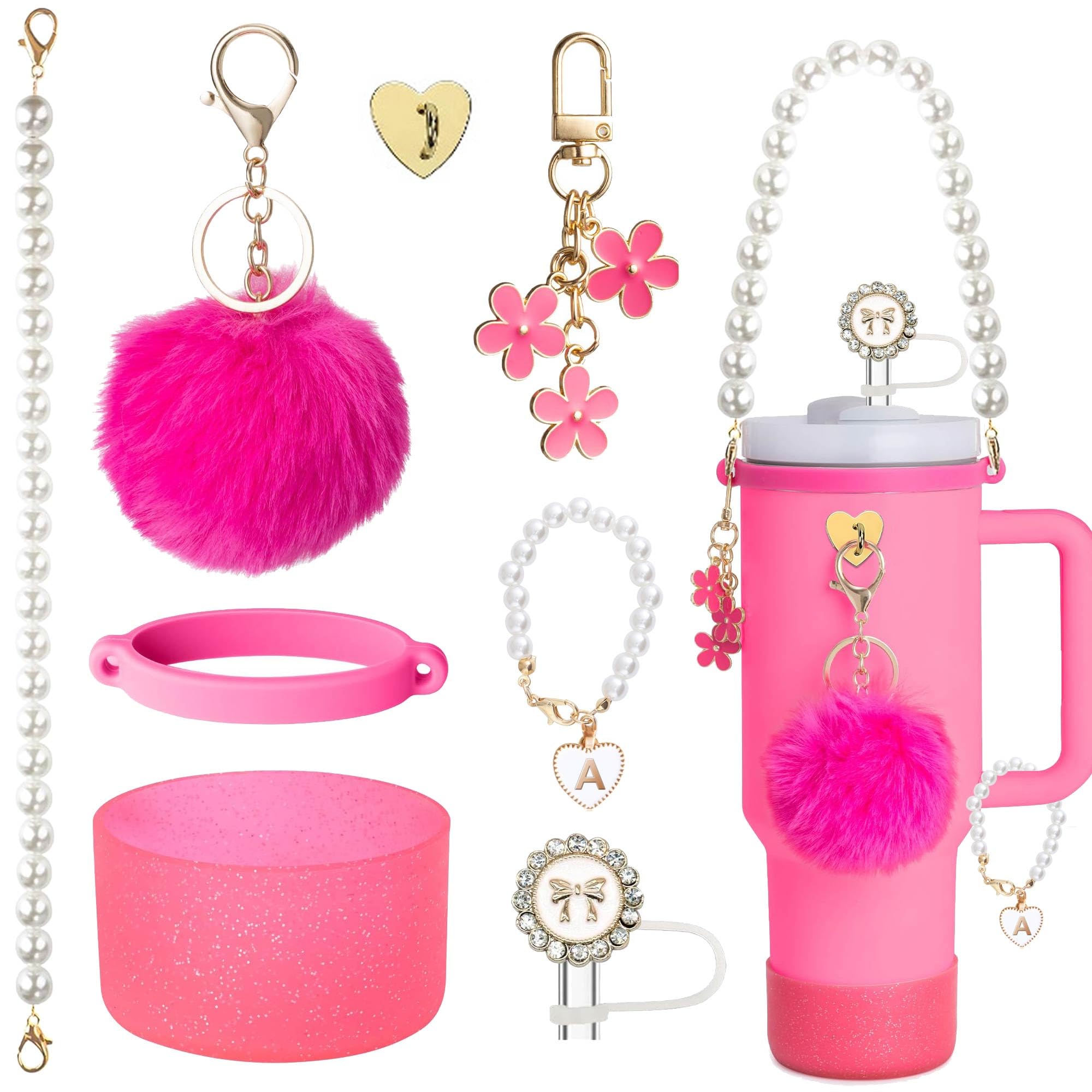 Stanley Cup Accessories Set, Shinning Cup Boot, White Pearl Water Bottle Handle Strap & Pearl Straw Cover, Keychain Charms Tumbler Decorations for