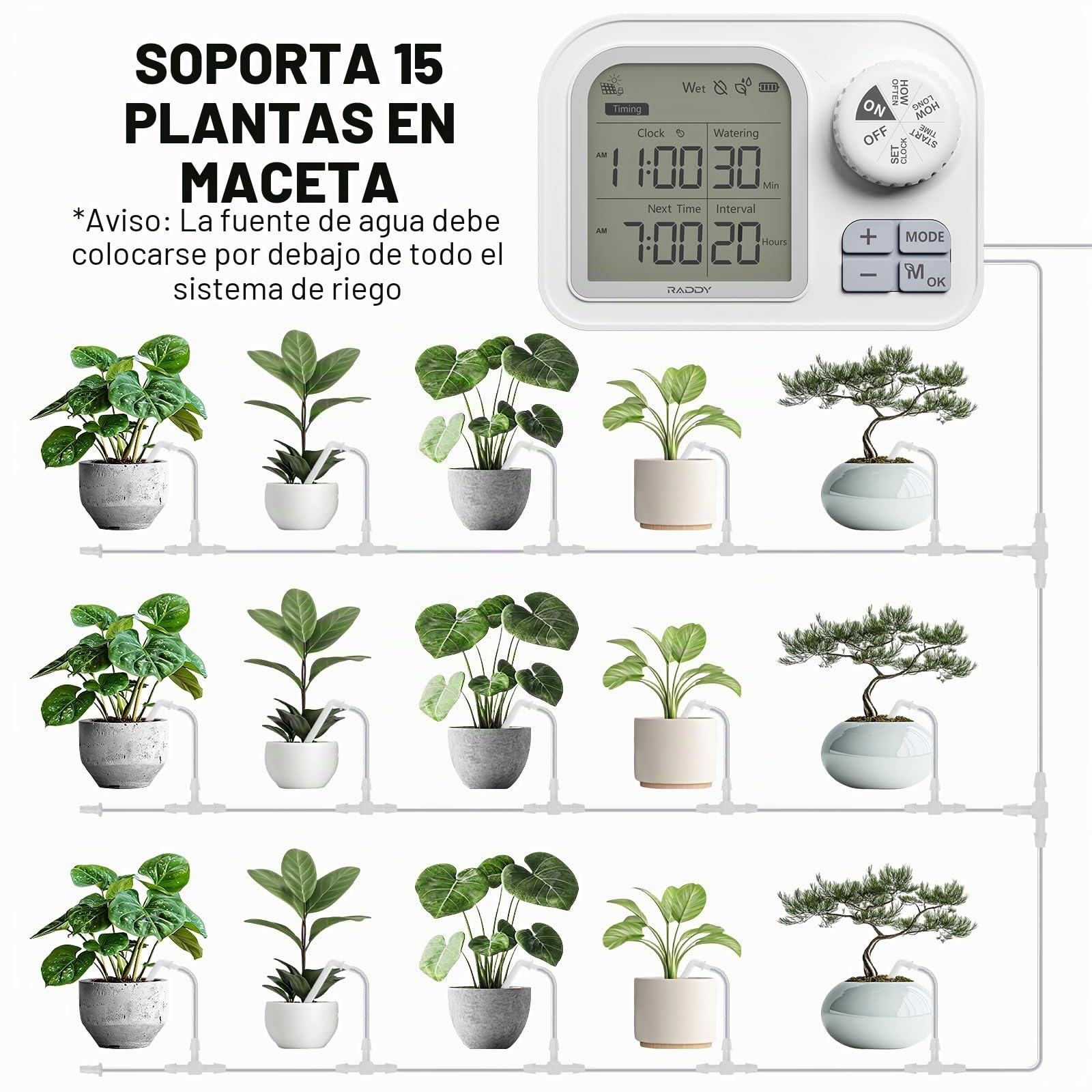 Raddy Sistema de riego solar WS-74 con control de aplicación inteligente, IPX7 resistente al agua, sensor de humedad del suelo ajustable, batería de 2600 mAh, juego de riego automático por goteo para