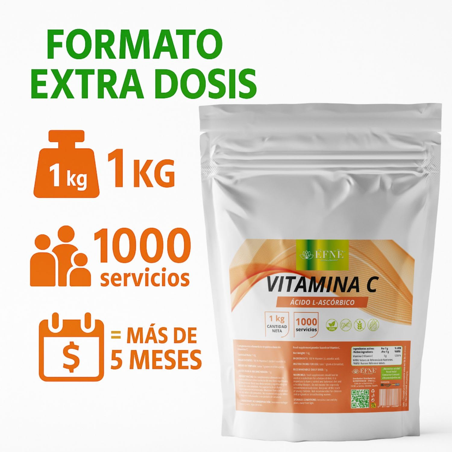 EFNE | Vitamina C Acido L-Ascórbico en polvo 1KG | Vegano | Vitamina C en polvo pura, sin aditivos ni ingredientes añadidos | 1000 Gramos | 1000mg por porción | Dosis alta