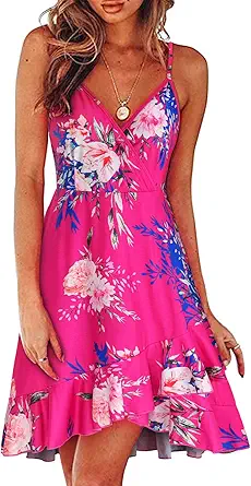 ULTRANICE Womens Summer Floral Wrap V Neck Adjustable Spaghetti Casual Ruffle Dress