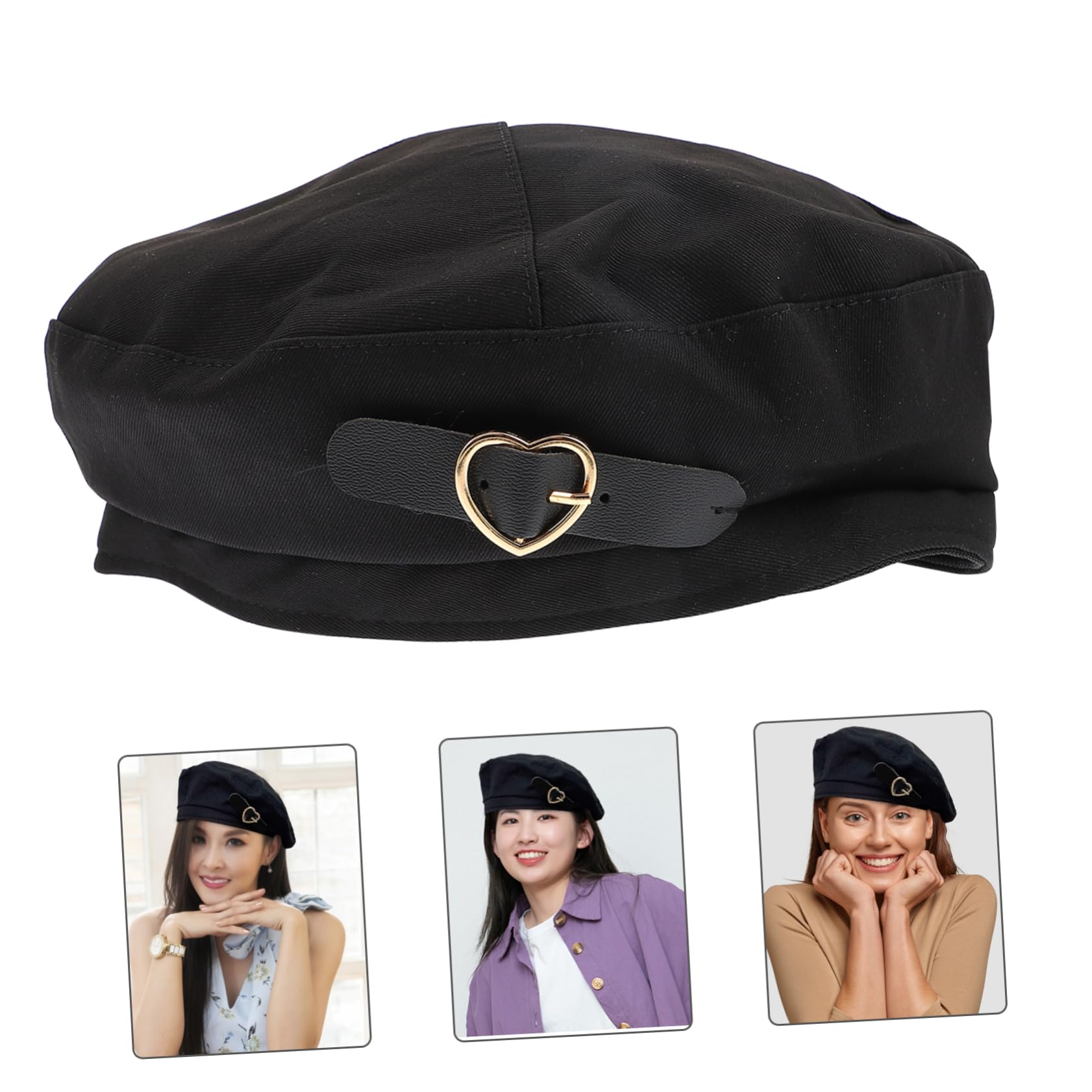 NIYANGLE Vintage Beanie Beret Hat for Women Comfy and Warm Heart Button Design Stylish Cap for Autumn Outfits Black