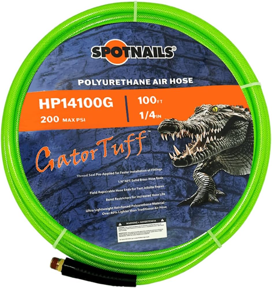 Spotnails GatorTuff Green Polyurethane Air Hose – 1/4" x 100 Ft – Lightweight & Flexible with Bend Restrictors