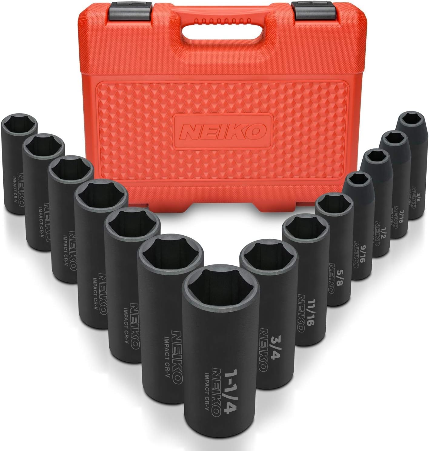 Neiko 02476A 1/2" Drive Deep Impact Socket Set, 14 Piece | 6 Point Standard SAE Sizes (3/8" to 1-1/14") | Cr-V Steel