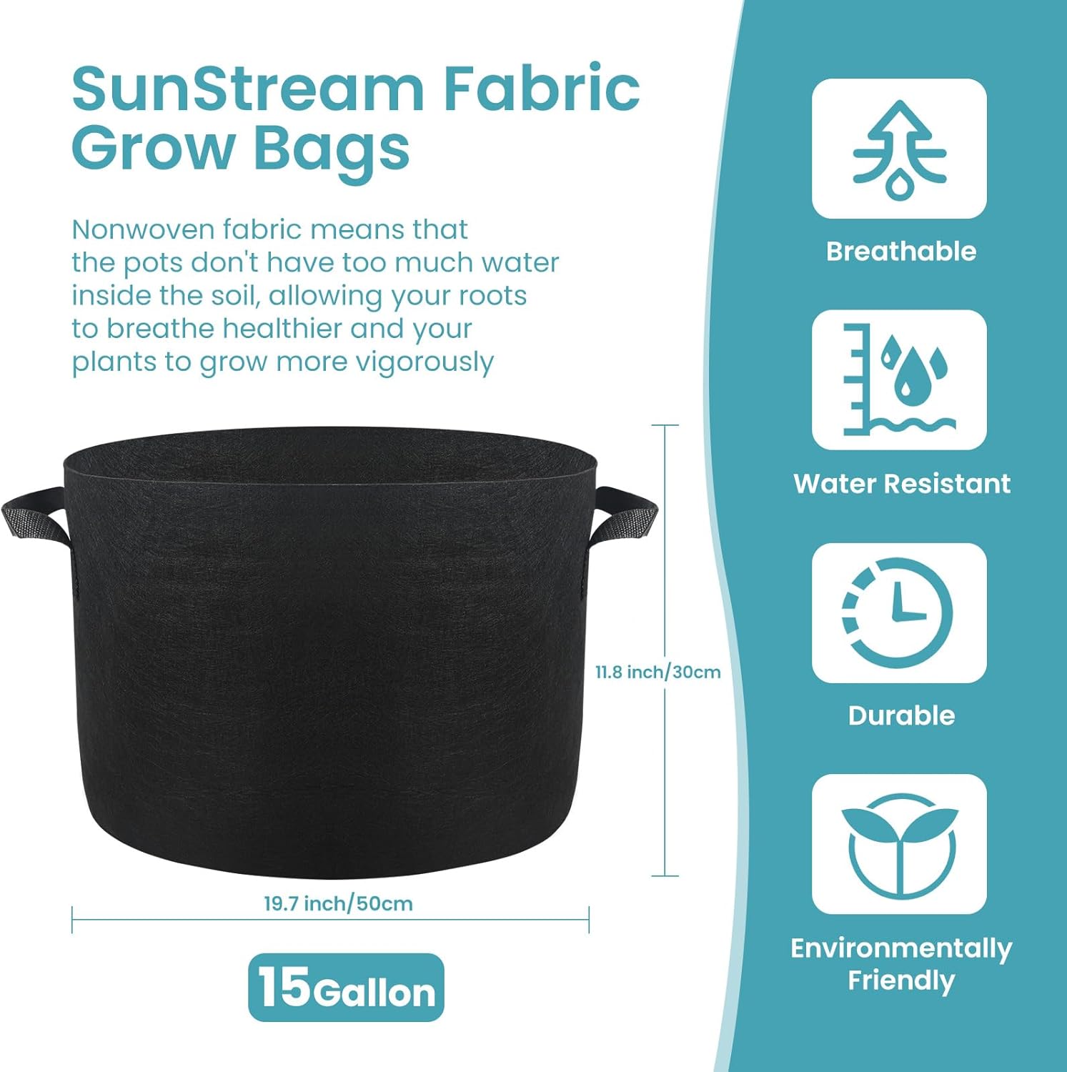 SunStream 15 Gallons Grow Bags 5 Pack Heavy Duty Thickened Nonwoven Fabric Plant Grow Bags with Handles for Indoor Vegetables Flowers Mushroom