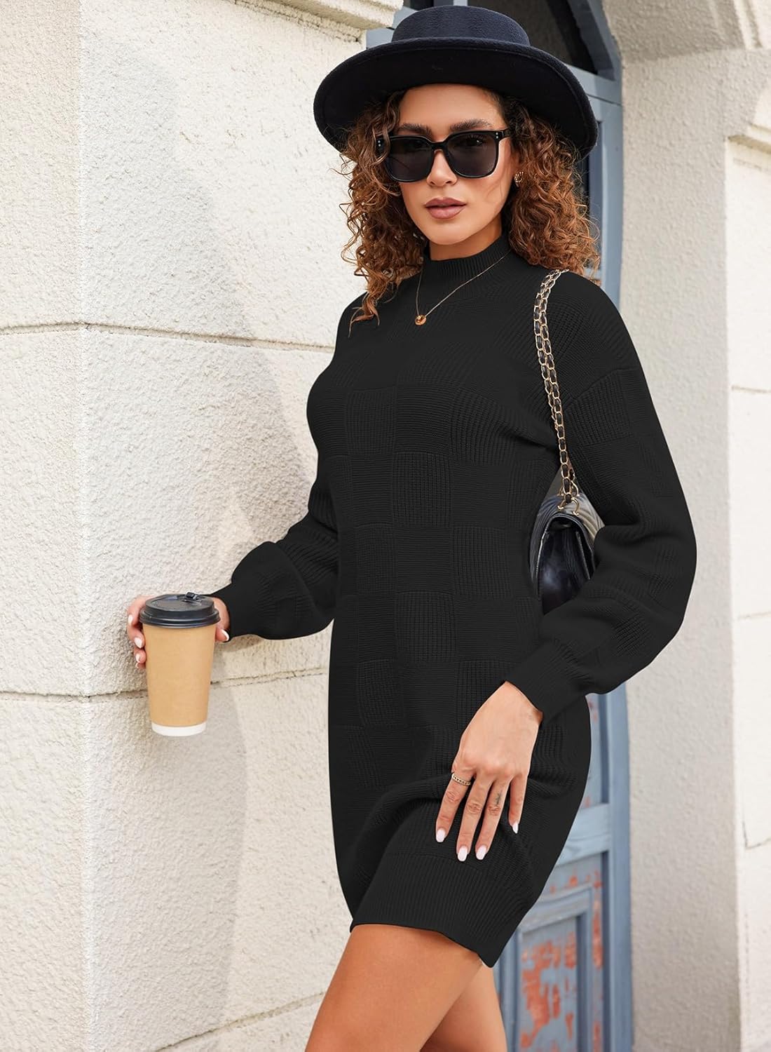 Pink Queen Women's Mock Neck Sweater Dress 2025 Lantern Long Sleeve Loose Plaid Cocktail Party Knit Mini Dress Outfits - Image 3