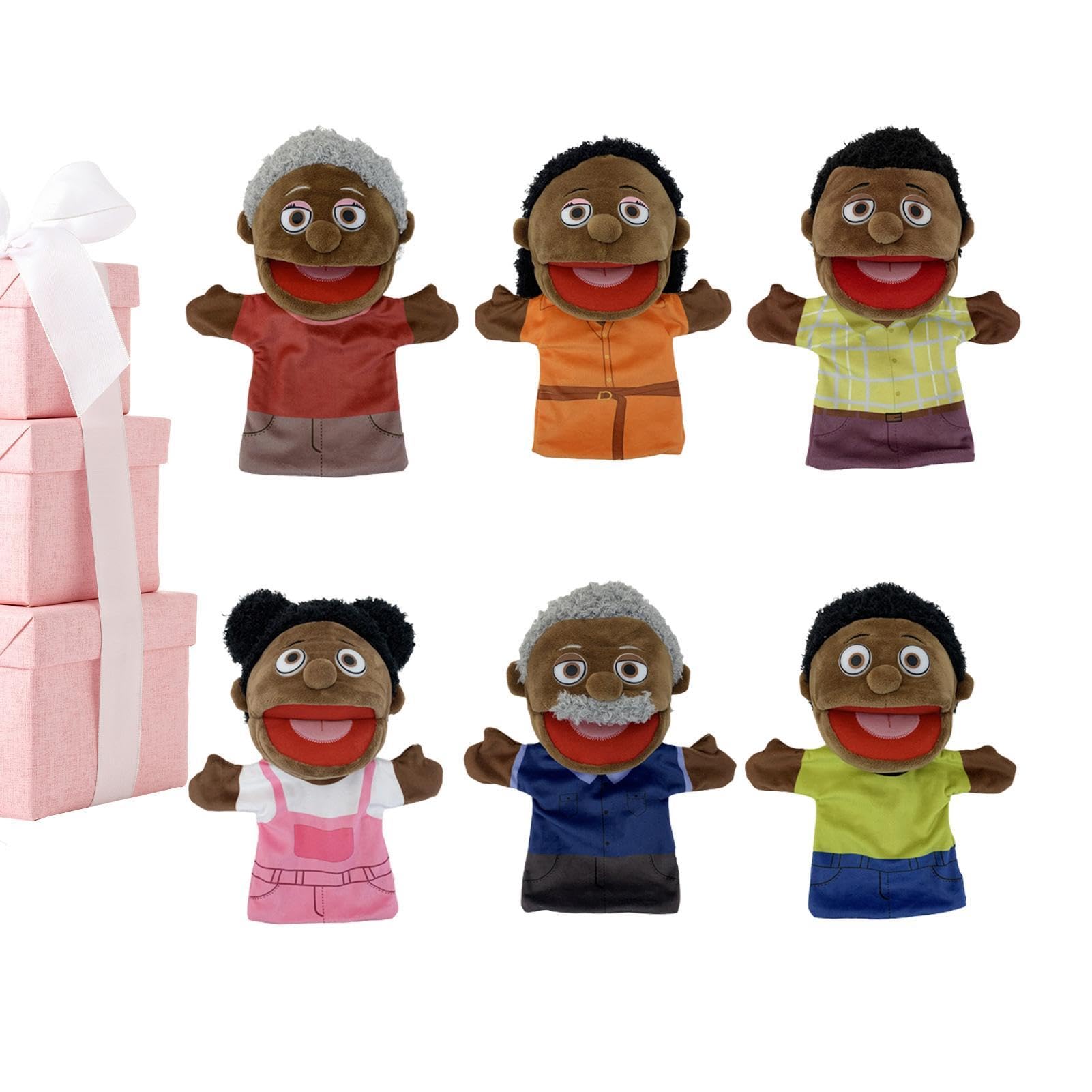 Burattini di famiglia per bambini - 6 pupazzi multiculturali per ragazza e | ragazzo,Membri della famiglia multiculturale da 28 cm, marionette da teatro con bocca mobile, forniture per aule per insegnan