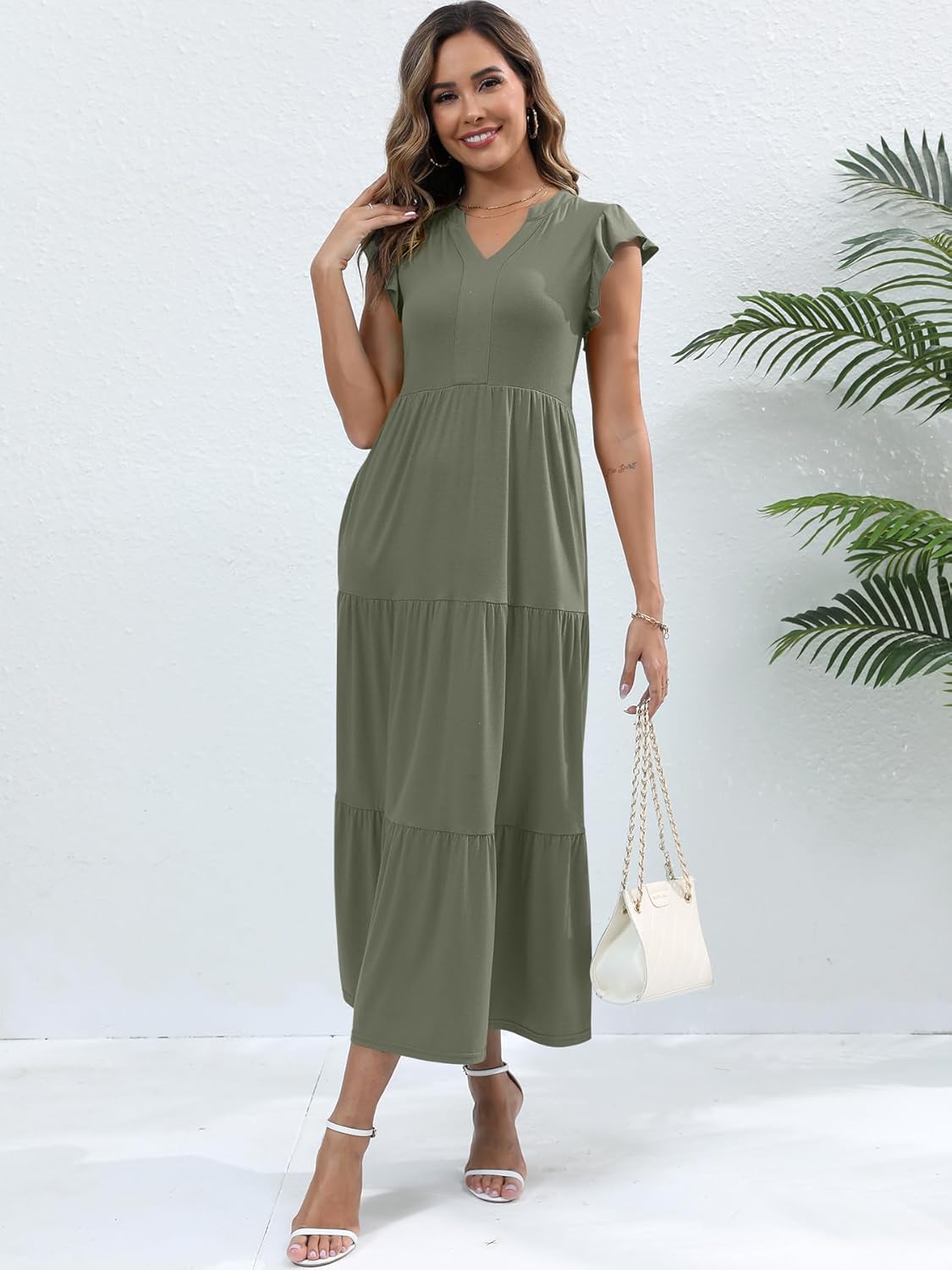 Womens Summer Casual Maxi Dress V Neck Ruffle Sleeve Sundress Fashion Flowy Tiered Boho Beach Vacation Long Dresses - Image 6