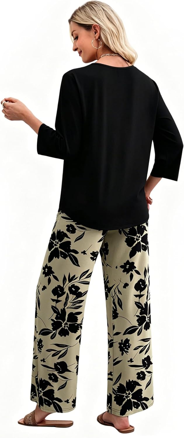 WIHOLL Two Piece Sets for Women Lounge 3/4 Length Sleeve Womens Tops Graphic Pants with Pockets Summer Outfits 2026 image 5
