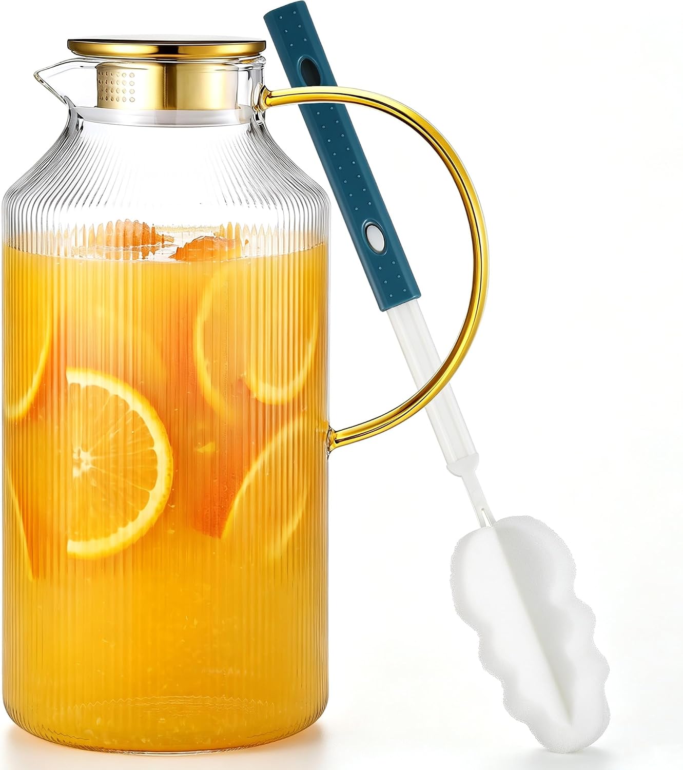 Kochorie 1 Pack 1 Gallon/128 oz Cylindrical Glass Pitcher with Lid & Cleaning Brush, Thickened Borosilicate Glass Carafe for Hot/Cold Drink, Extra Large Jug with Handle for Iced Tea, Juice, Lemonade