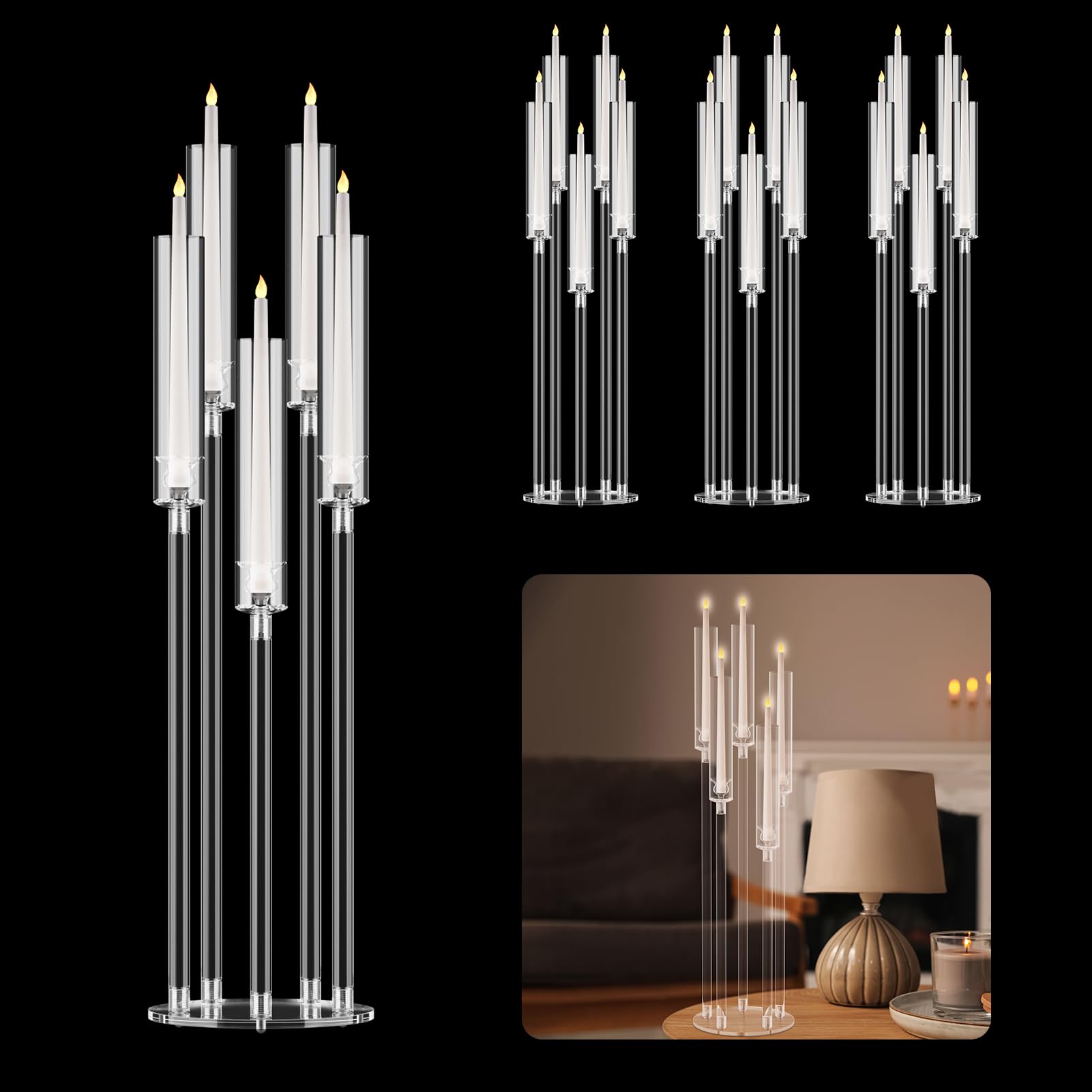 4 Pièces de Chandelier, Grands Bougeoirs Transparents pour Bougies Effilées, Bougeoir à 5 Branches avec Abat-Jour en Acrylique, Bougies LED pour Dîners de Mariage (Blanc)