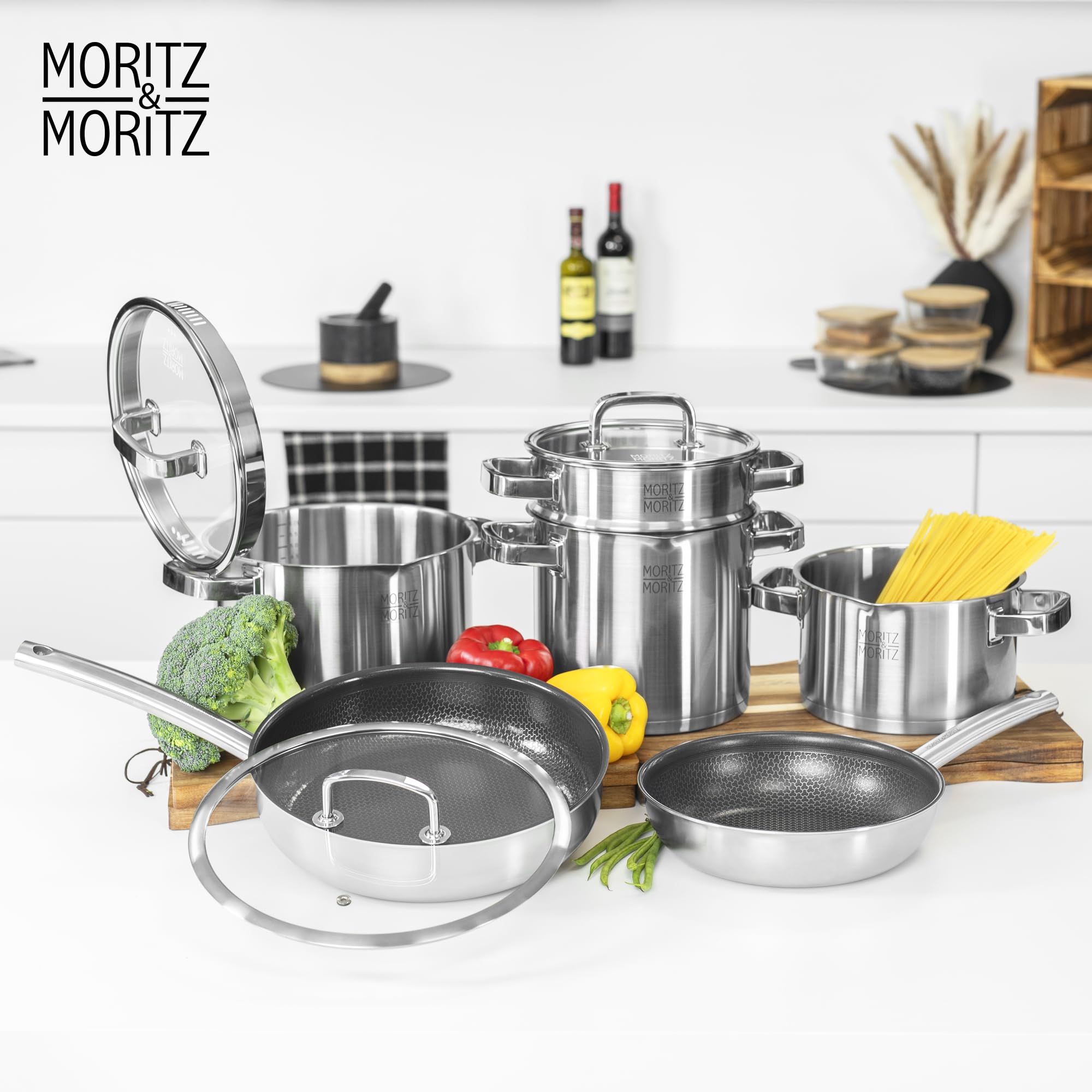 Moritz & Moritz Padella Wok da 30 cm in Acciaio inox con rivestimento in Ceramica - Tutti i tipi di fornelli - Struttura antiaderente a nido d'ape per cucinare, arrostire e cuocere a fuoco lento