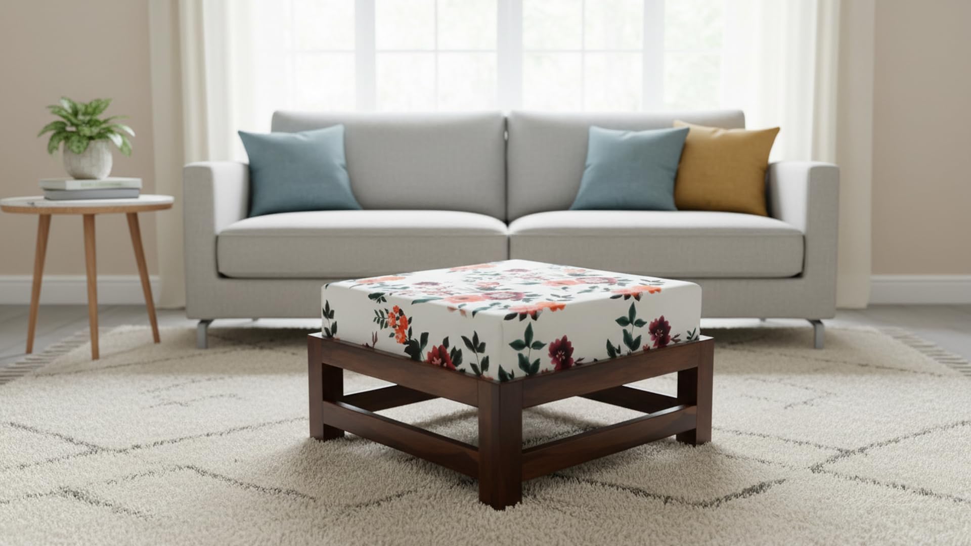Sheesham Wood Ottoman Square Pouf Stool with Cushion for Home | Multipurpose Strong Wooden Low Height Modern Pouffe Sitting Stool Ideal for Living Room (15x15x12 INCH) Natural Brown Finish-image-45