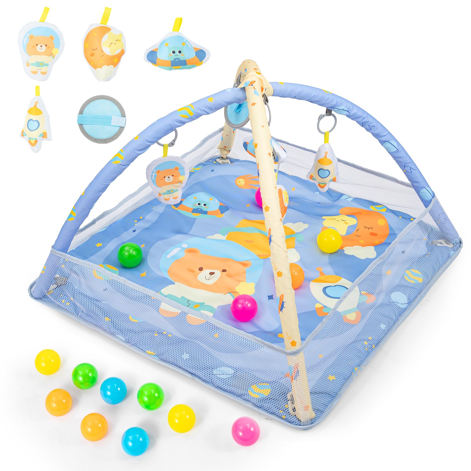 BREEZENEST Baby Play Gym & Activity Mat with Sensory Toys – Arch, Kick Piano, Mirror, Crinkle Medallion, Soft Book, Rattle, Ocean Balls, Playmat for Newborns & Infants (0-36 Months) (Space-Square)