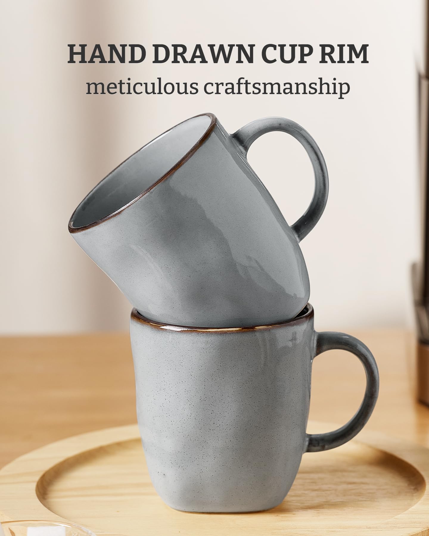 famiware Lot de 4 tasses à café carrées de 370 ml avec poignée pour cacao, lait, chocolat chaud, thé, eau, grès pour cuisine, micro-ondes et lave-vaisselle, gris