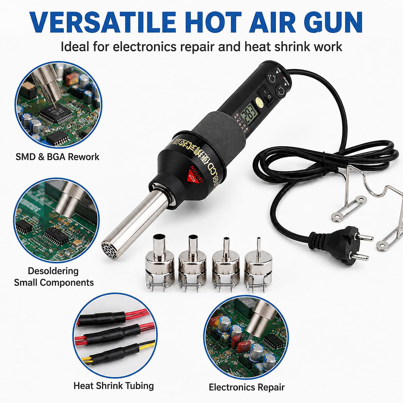Pistola de Aire Caliente Portátil 450W, Temperatura + Flujo de Aire Ajustable Con Pantalla Digital de Soldadura Desoldadora Soplador de Aire Caliente, para Soldadura Heat Ic Smd Bga, Tubo Retráctil