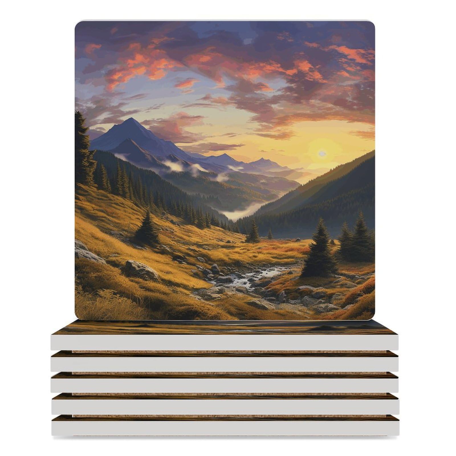 Dessous de verre en céramique lot de 6 carrés imprimés montagne et coucher de soleil pour table