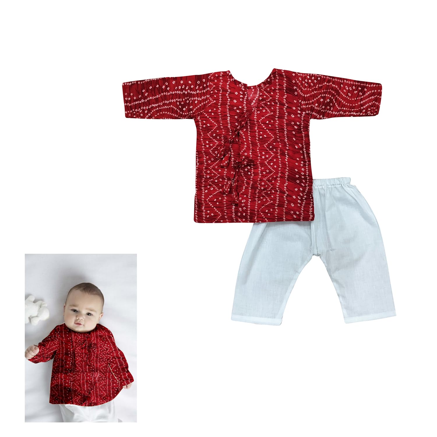 The Root And Craft Kids Birthday Photoshoot Outfit Dress Boys Bandhani printed Kurta & Pant set Born Baby Photography Photoshoot Props(0 to 12 Month) Red-image-14