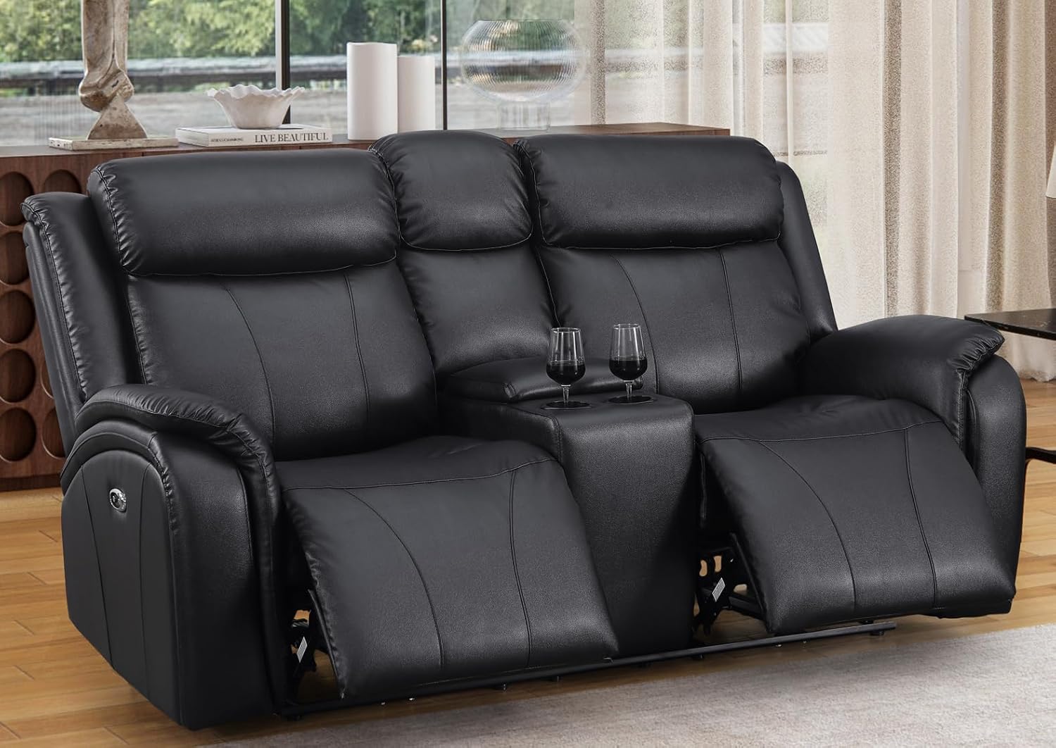 Alexent Power Recliner Loveseat Sofa, Black Leather Couch with Recliner Electirc Theater Couch for Living Room Leather Reclining Sofa with Cupholder & Storage Console, USB Charging Port