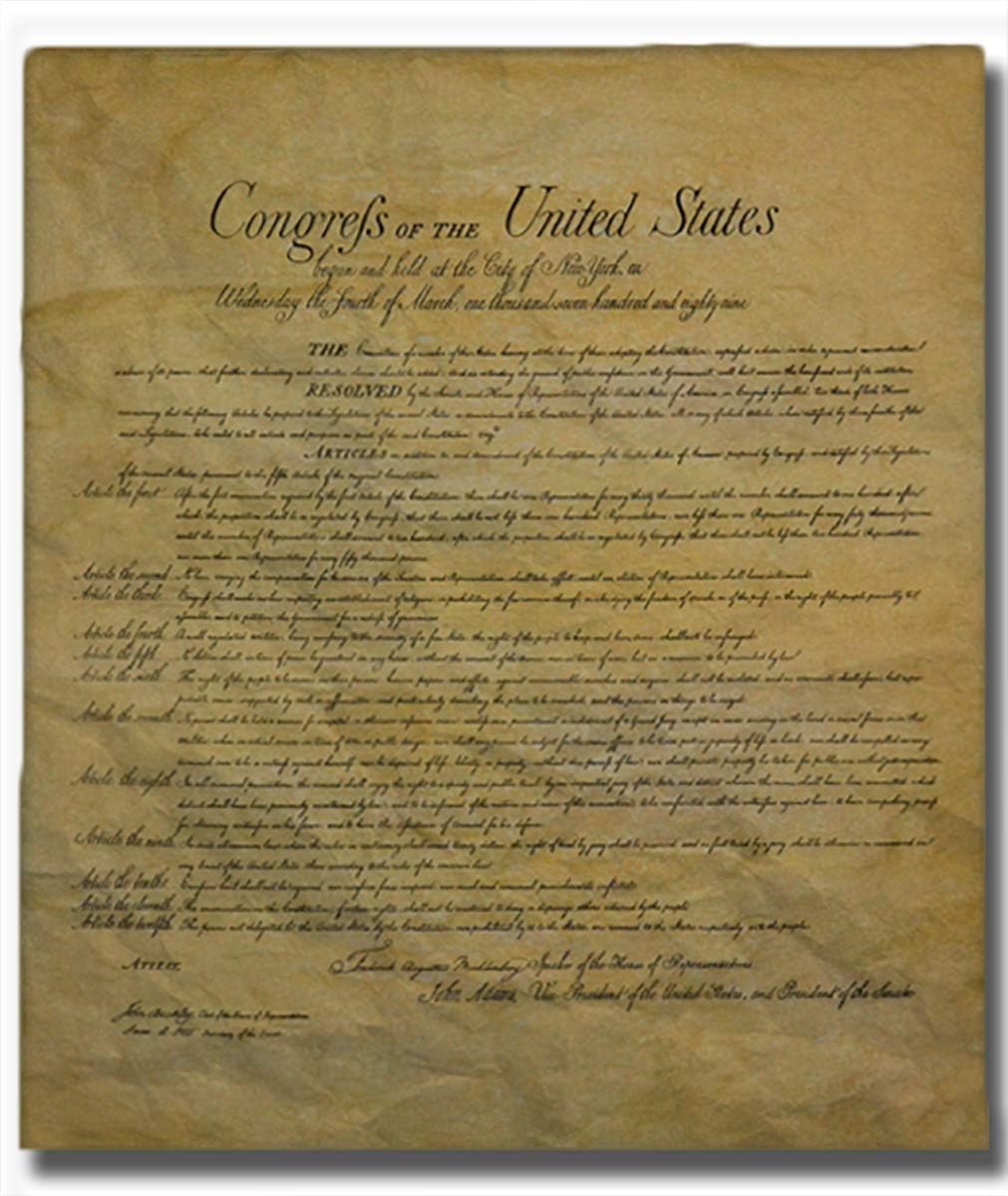 Our Amendments The Bill of Rights, Authentic Replica Printed on Antiqued Genuine Parchment. 14 X 16