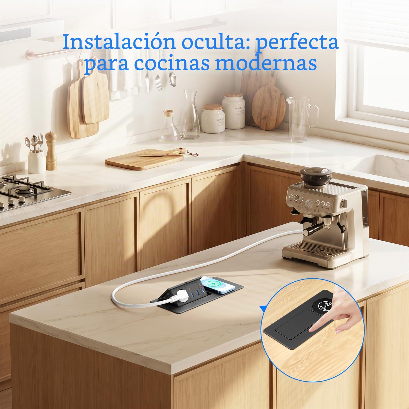 Enchufe empotrable con 6 USB, USB-C PD 30W y Carga inalámbrica 15W | Regleta empotrable con 1 toma, USB-A1 30W, cable 1,8 m, escritorio, oficina y cocina, negro