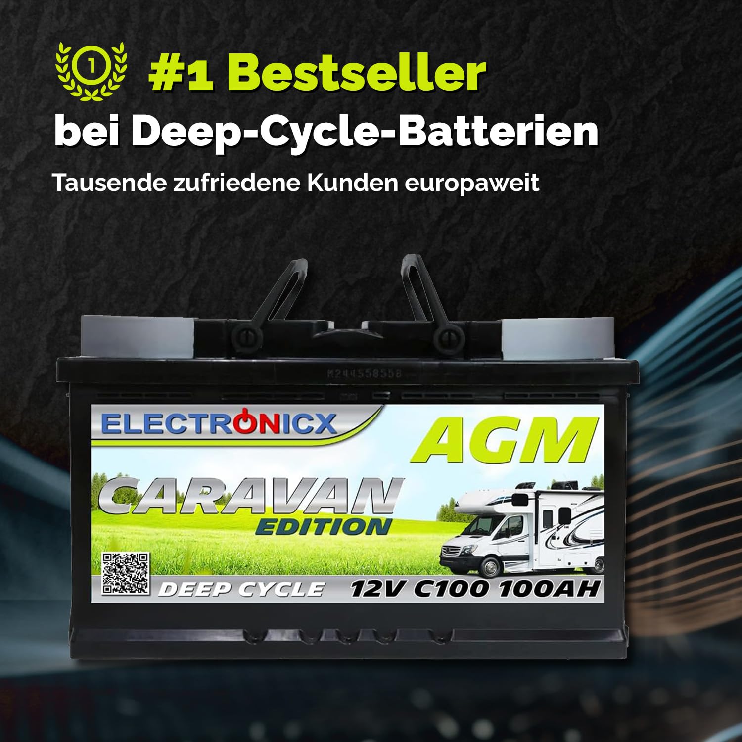 Electronicx AGM Versorgungsbatterie 12V 100Ah Deep Cycle Solar Batterie wartungsfrei versiegelt Wohnmobil Wohnwagen Camping Freizeitakku 278x175x190mm