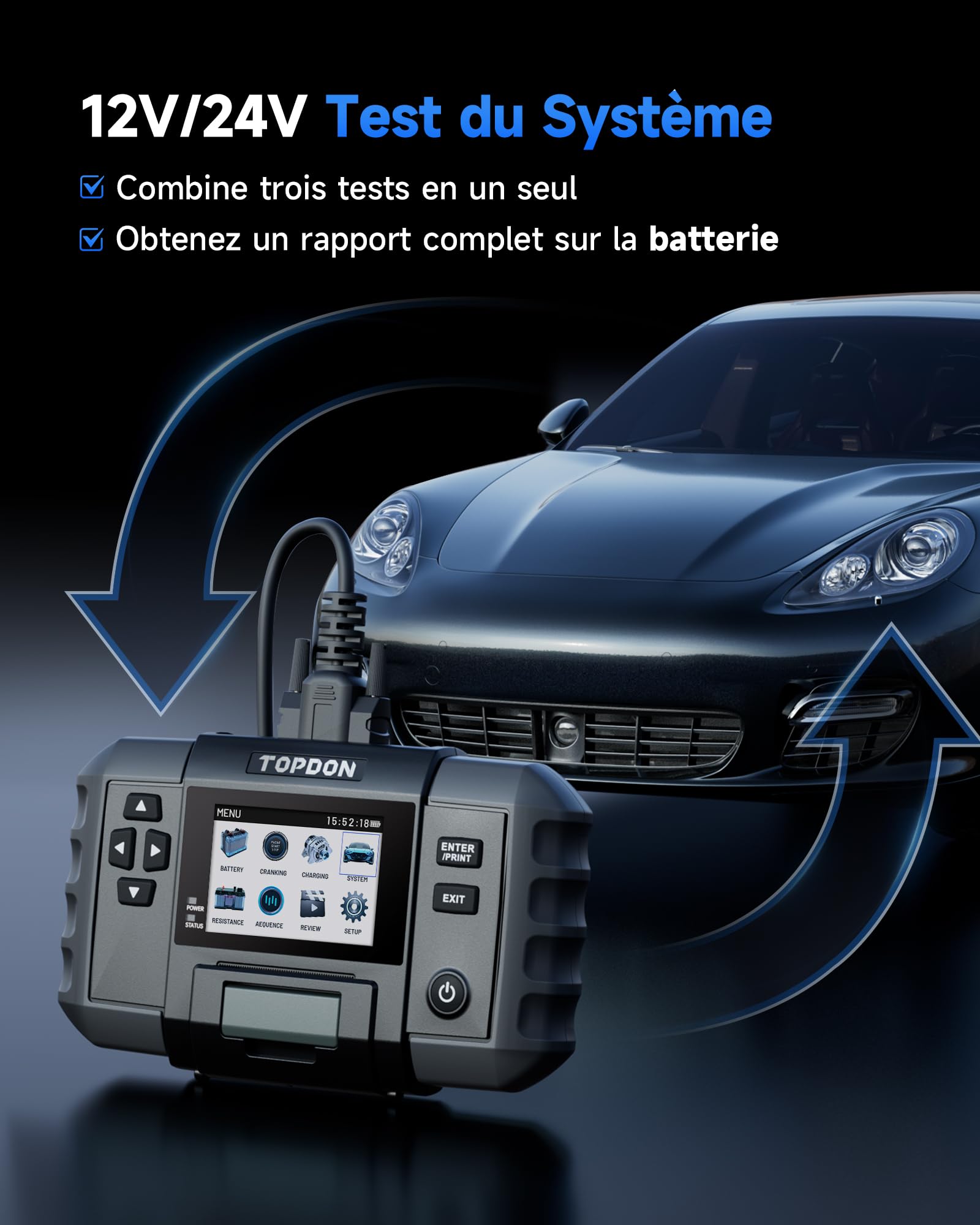 TOPDON BT600 Plus Testeur de Batterie Voiture 6V 12V 24V, Analyseur de Batterie avec Tests Démarrage/Charge/Système 12V/24V, Tests Résistance et Séquence, Écran 3,5", Batterie Intégrée et Imprimante