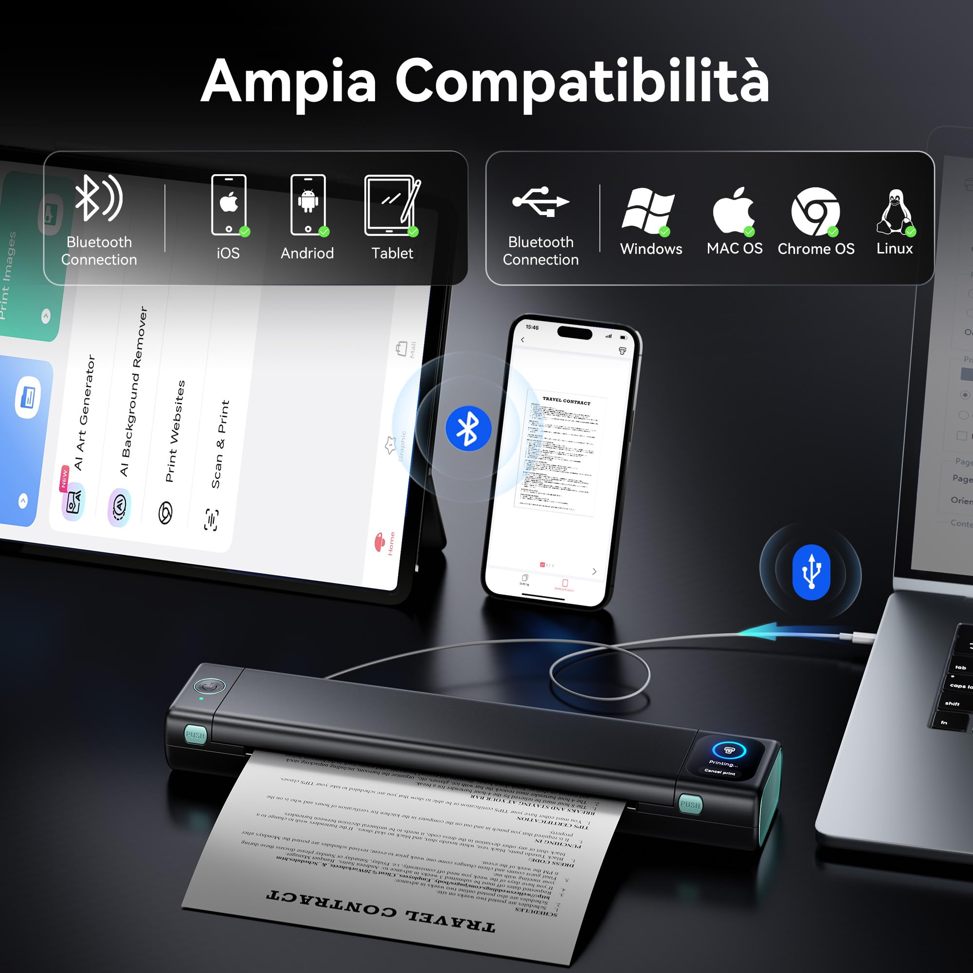 Phomemo M08D Przenośna Drukarka Termiczna A4, Bluetooth, Bez Atramentu, Czarno-Biała, iPhone/PC/USB
