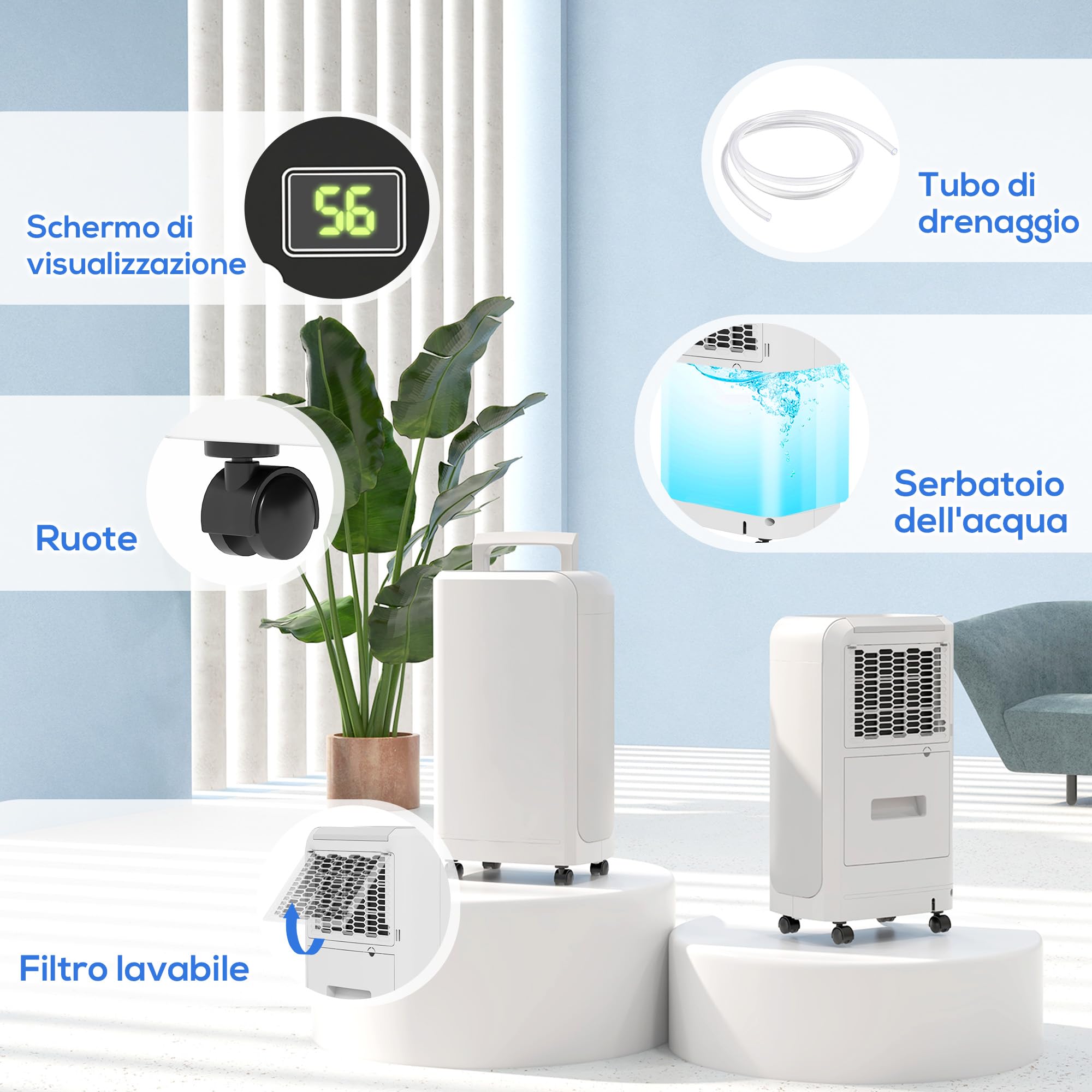 HOMCOM Deumidificatore Portatile 12L/24h per 18㎡ con 4 Funzioni Bianco | Serbatoio da 800mL, Deumidificatore Casa Muffa con Filtro, Maniglia, Display, Timer 24 Ore, Ruote, Spegnimento Automatico