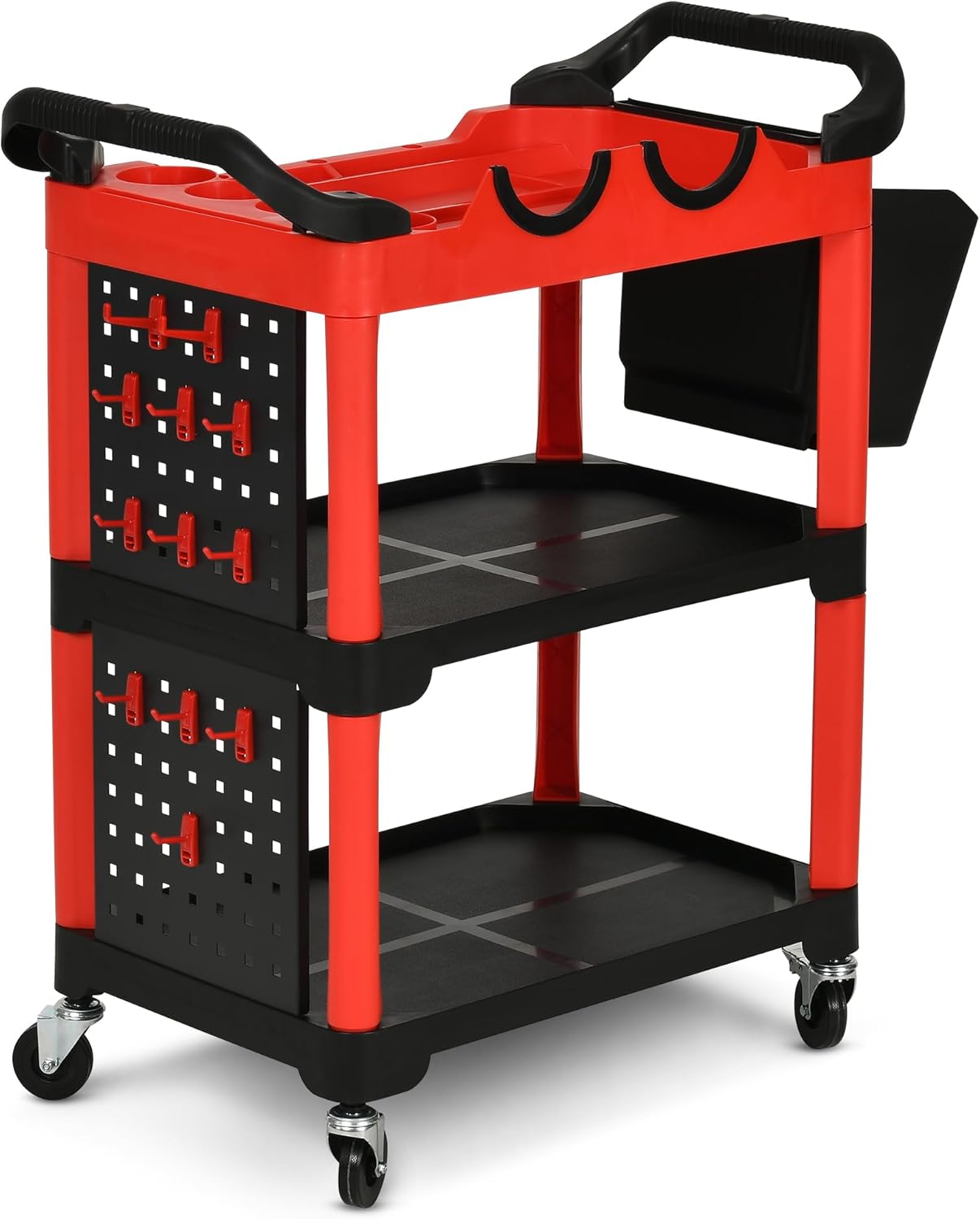 DWVO Auto Detailing Cart with Wheels, 3-Tier Rolling Tool Organizer with 2 Polisher Brackets, 17" D x 32" W Car Wash Utility Cart with Hooks & Hanging Bucket for Garage, Workshop, DIY Home