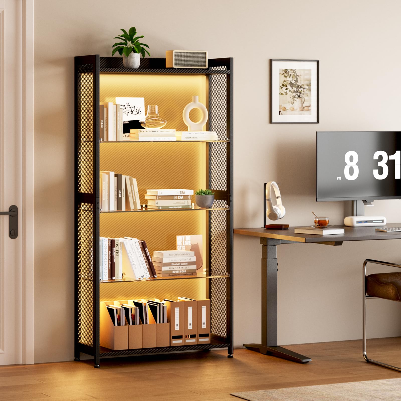 Coleshome Vitrina LED RGB Cristal, Expositor Metálico, 160cm, Negro | Montaje Fácil Rejilla Industrial Acero Cristal Templado Abierto Multifunción Salón Gaming Oficina